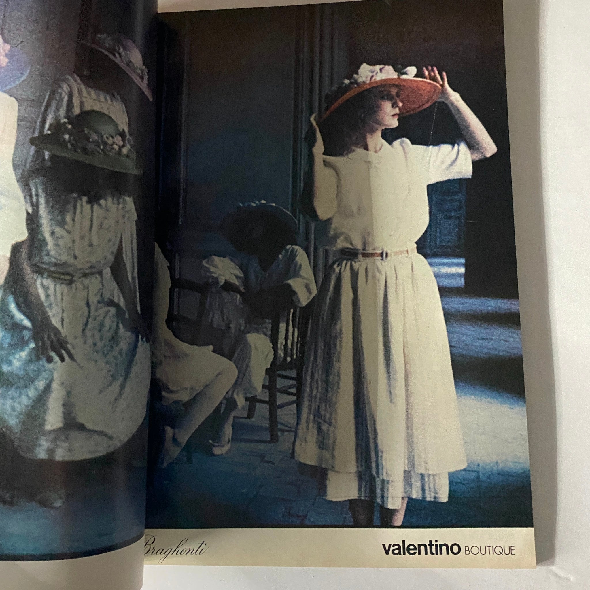 Fashion advertisement in Harper's Bazaar Magazine March 1978 showcasing a model in a Valentino Boutique dress, highlighting vintage style.