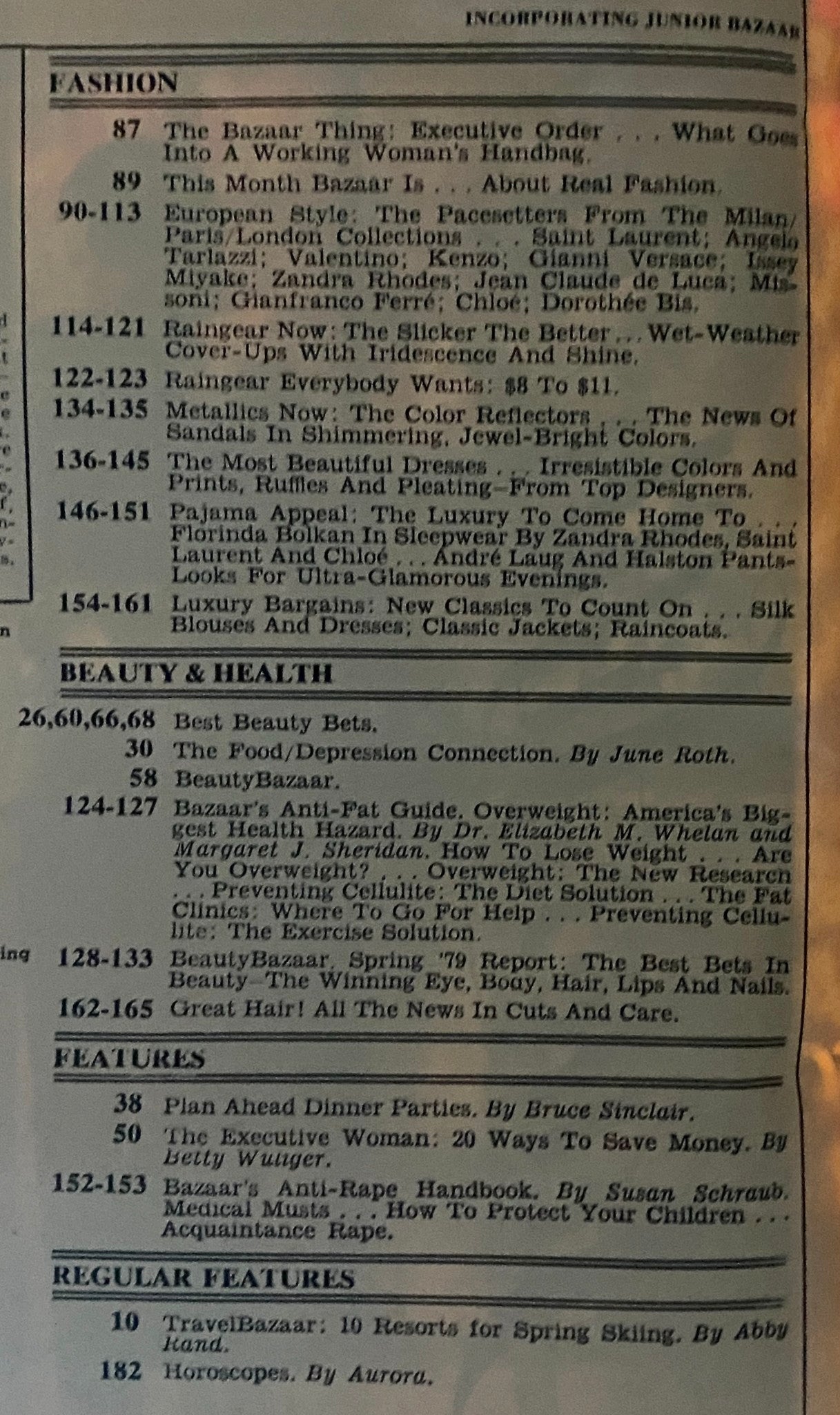 Table of contents from the Harper's Bazaar magazine March 1979, listing features on fashion and beauty, along with key article titles.