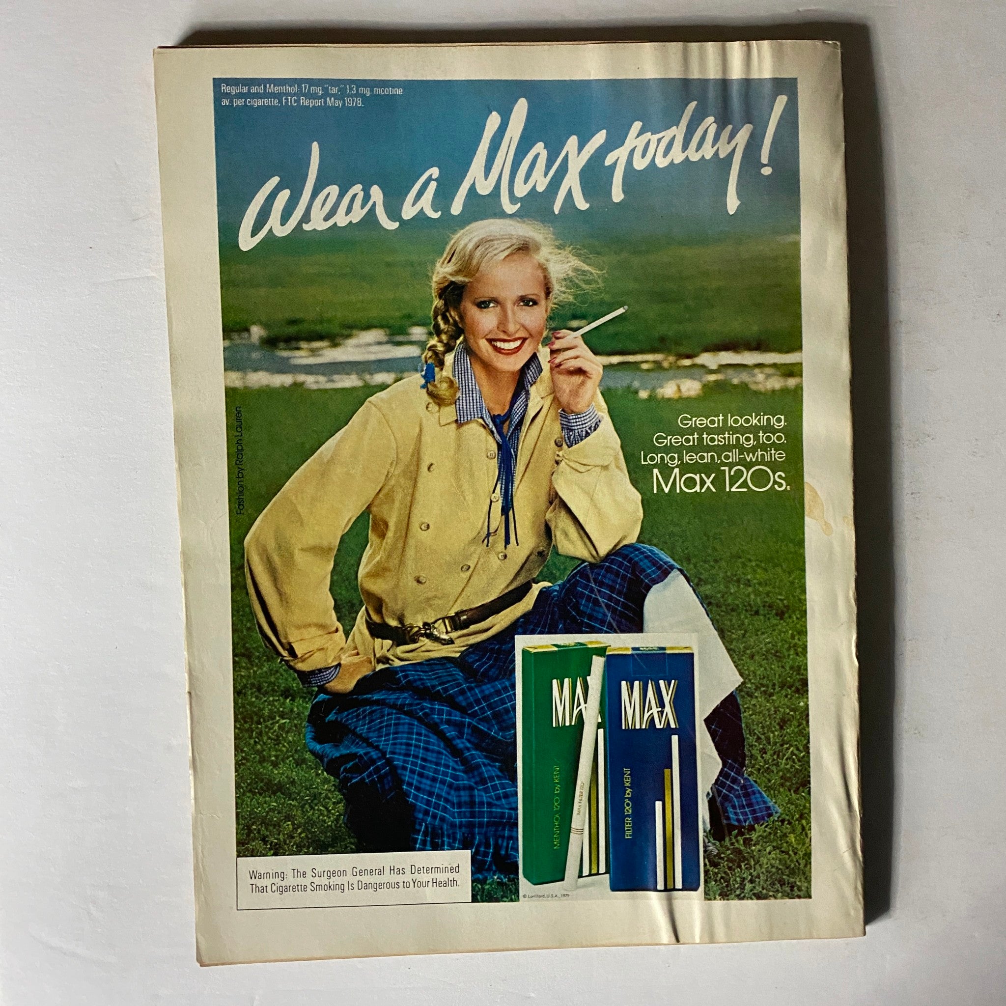 Harper's Bazaar Magazine March 1979 Patti Hansen Cover featuring a vintage advertisement for Max cigarettes with a model in casual attire, showcasing the product and emphasizing a healthy and stylish lifestyle.