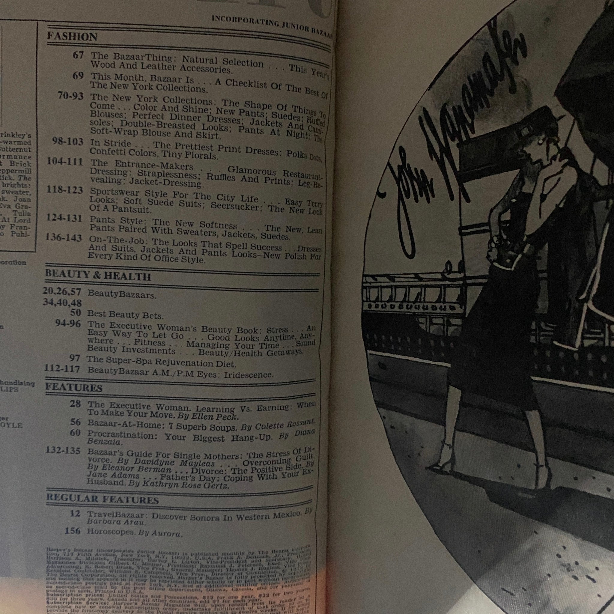Interior page of Harper's Bazaar Magazine February 1979 displaying fashion articles and features, capturing the style essence of the 1970s.