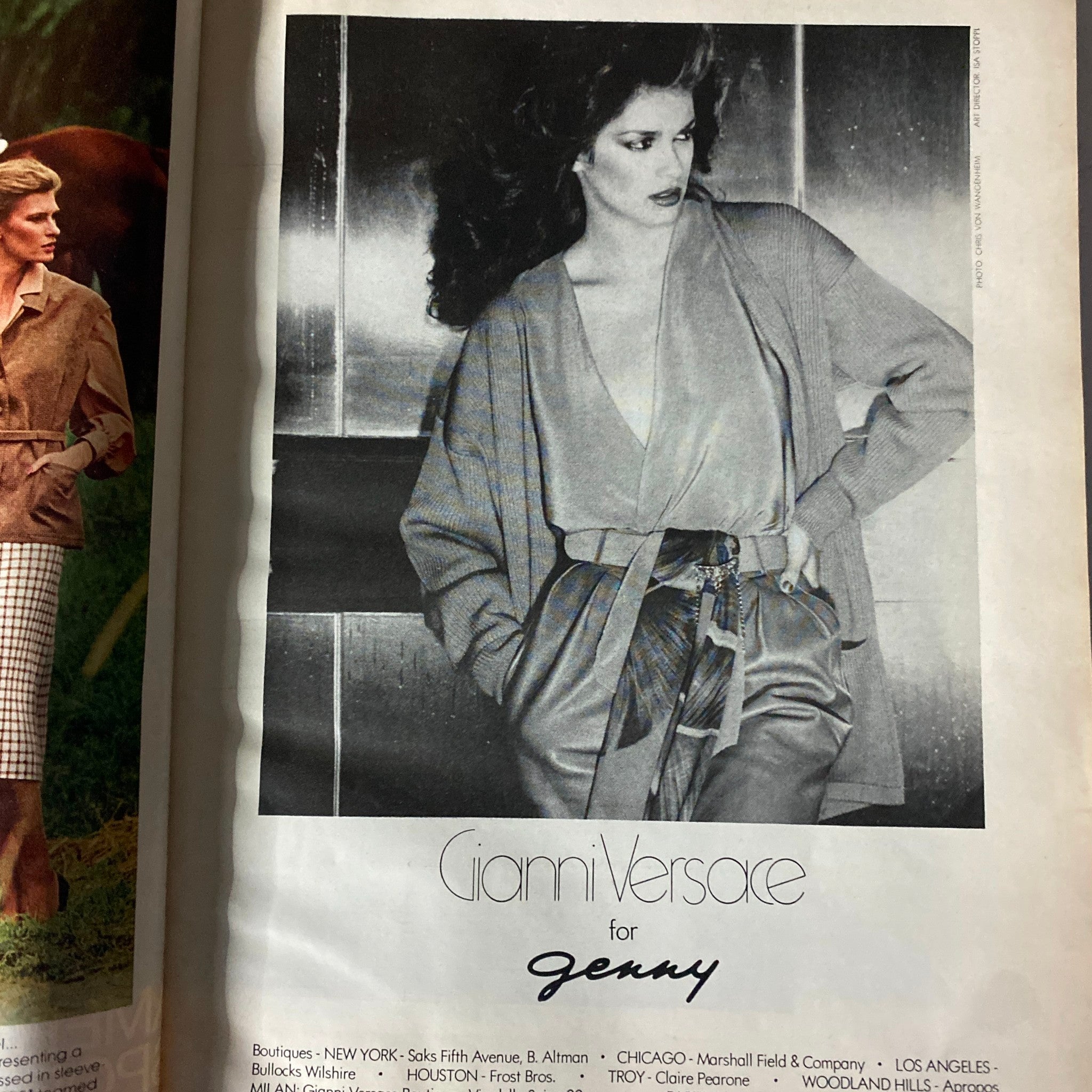 Harper's Bazaar February 1979 showcasing a Gianni Versace advertisement with model wearing elegant attire, reflecting the sophisticated styles of the late 1970s.