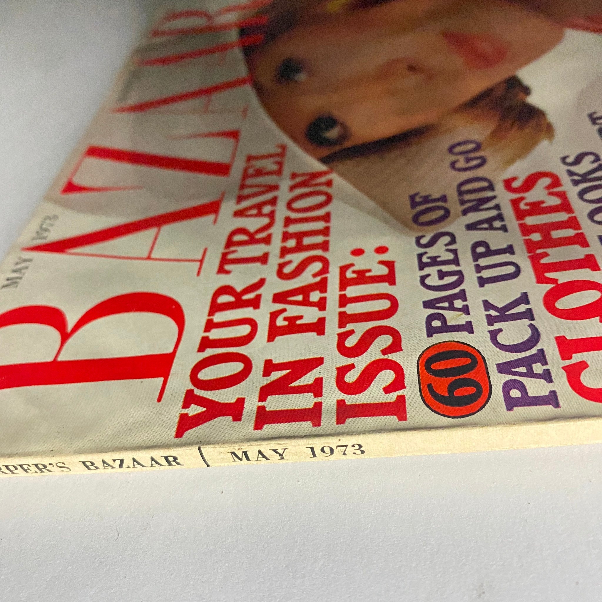 Close-up view of the spine of Harper's Bazaar Magazine May 1973. The image shows the publication details, including the title and date, emphasizing its vintage appeal.