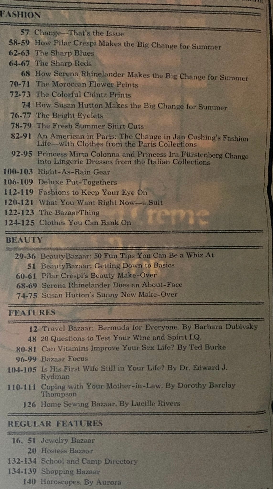 Table of contents from Harper's Bazaar Magazine April 1973, detailing features on fashion and beauty.