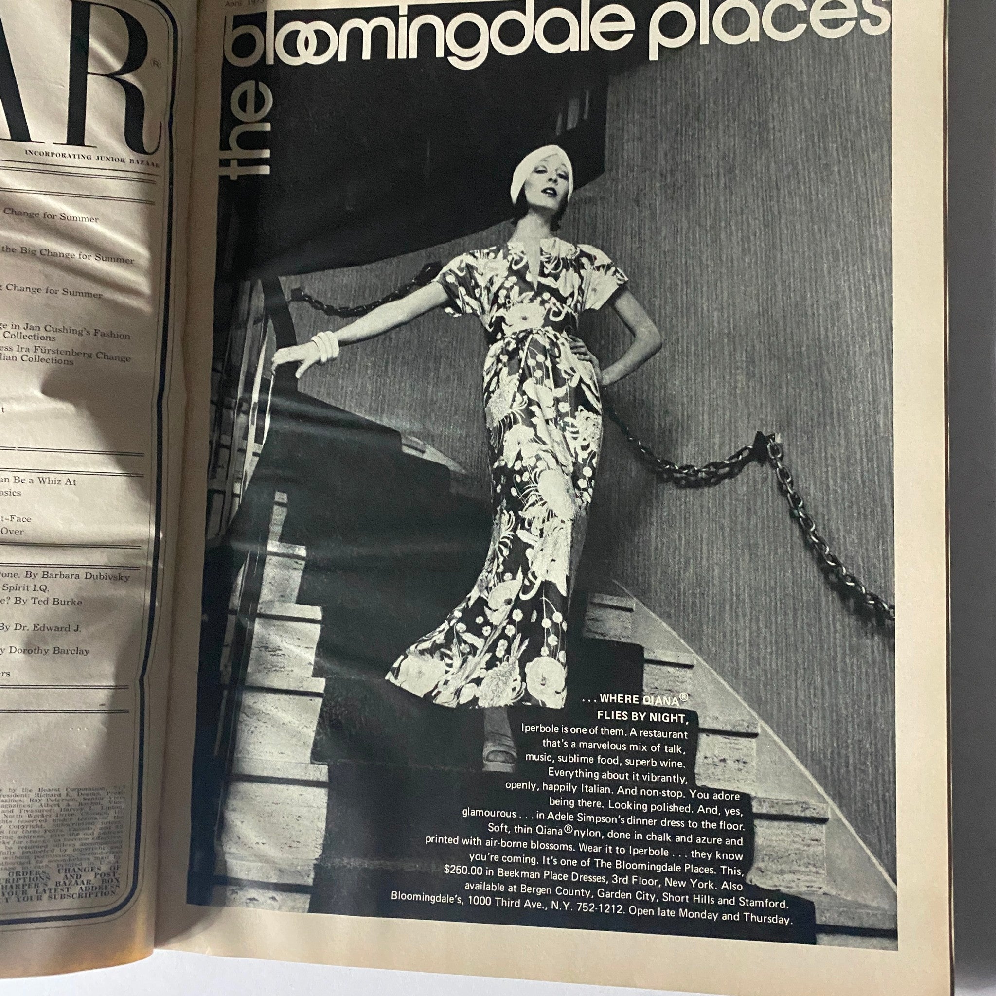 Fashion advertisement from Harper's Bazaar Magazine April 1973, showcasing a model in a stylish dress at Bloomingdale's.