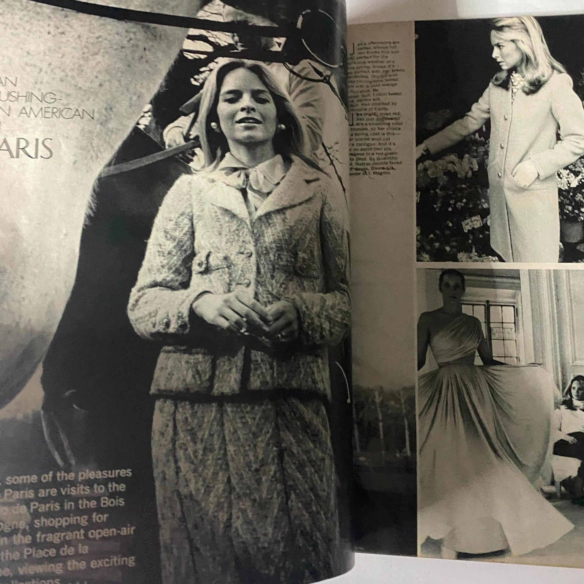 Black and white editorial images from Harper's Bazaar Magazine April 1973, featuring American fashion in Paris with model Jan Cushing.