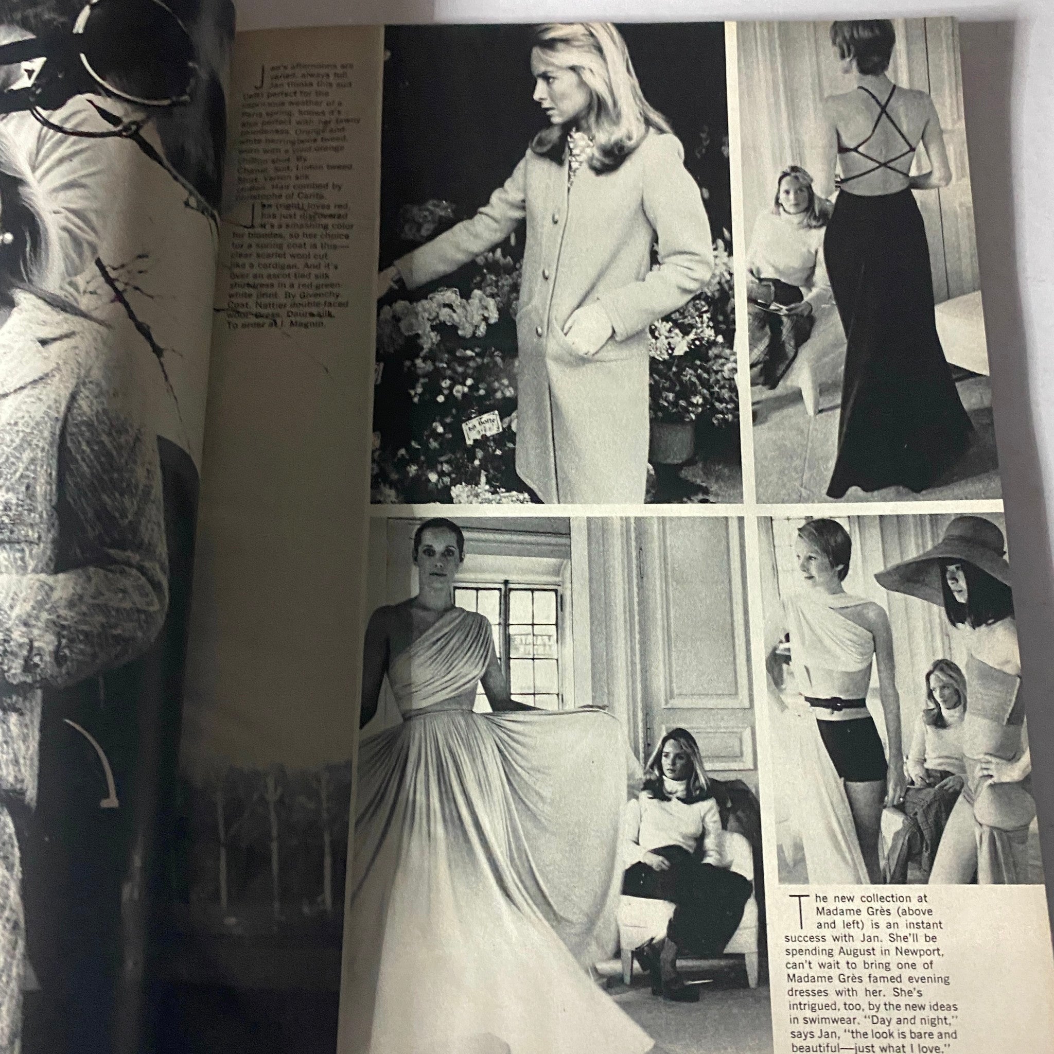 Harper's Bazaar Magazine April 1973 featuring Pilar Crespi in a vintage fashion spread showcasing elegant clothing, including floral settings and stylish evening wear, highlighting trends of that era.
