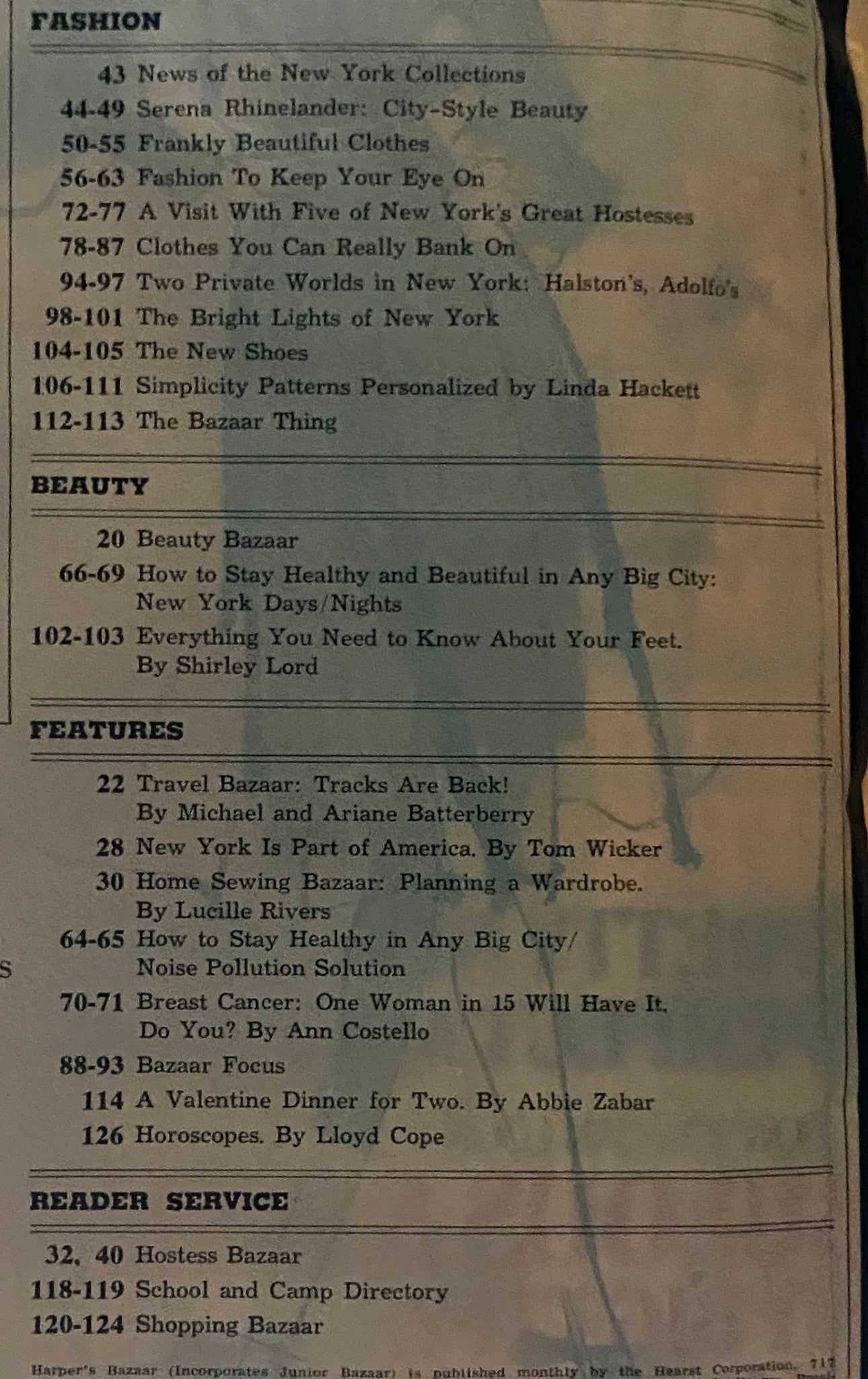 Table of contents from the February 1973 issue of Harper's Bazaar Magazine, detailing sections on fashion, beauty, features, and articles including Serena Rhinelander's city-style beauty.