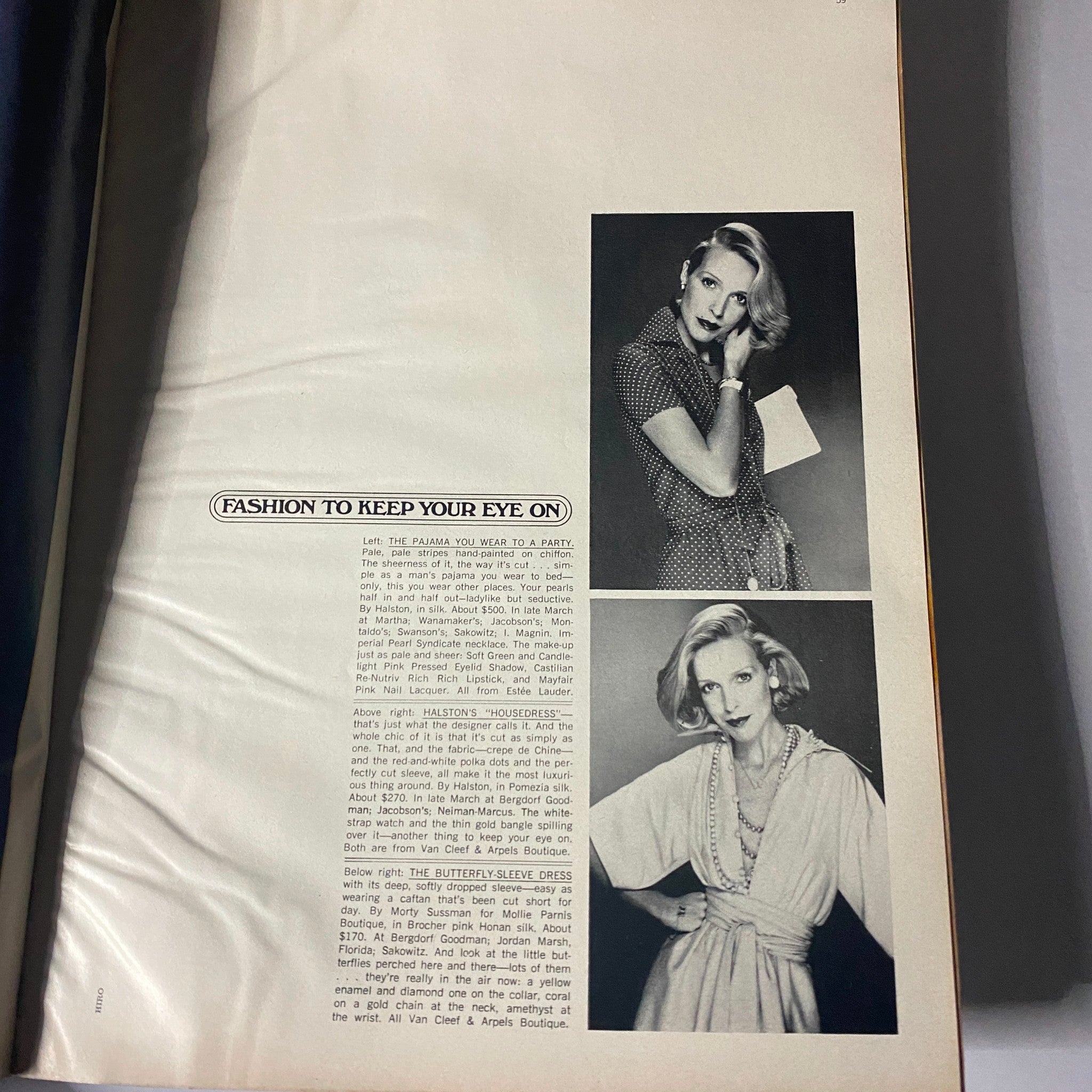 Page from Harper's Bazaar Magazine February 1973 featuring fashion looks to watch, highlighting combinations of stylish outfits and fabrics popular in the early 1970s.