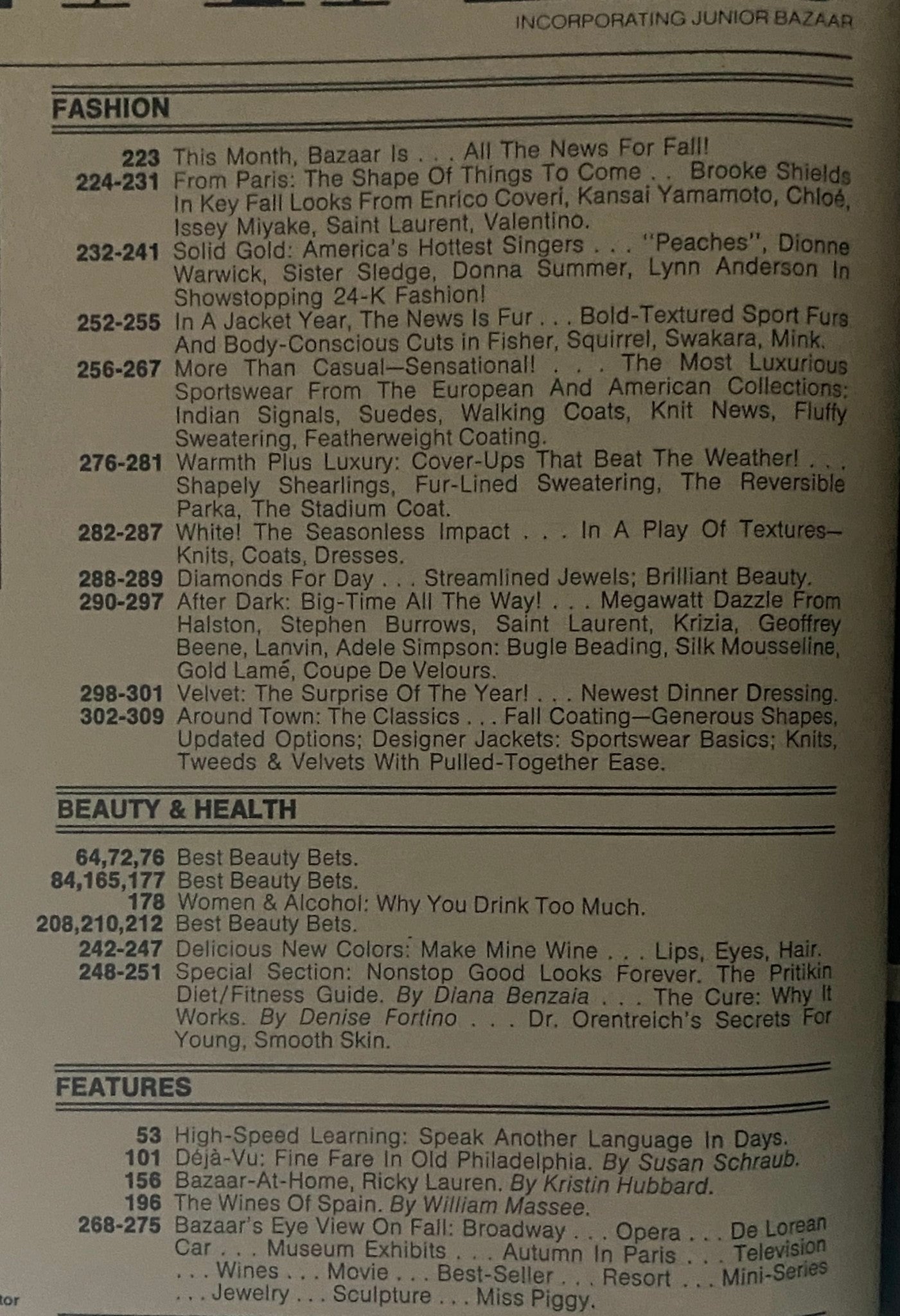 Table of contents from Harper's Bazaar September 1980 highlighting articles on fashion trends, beauty, and health.