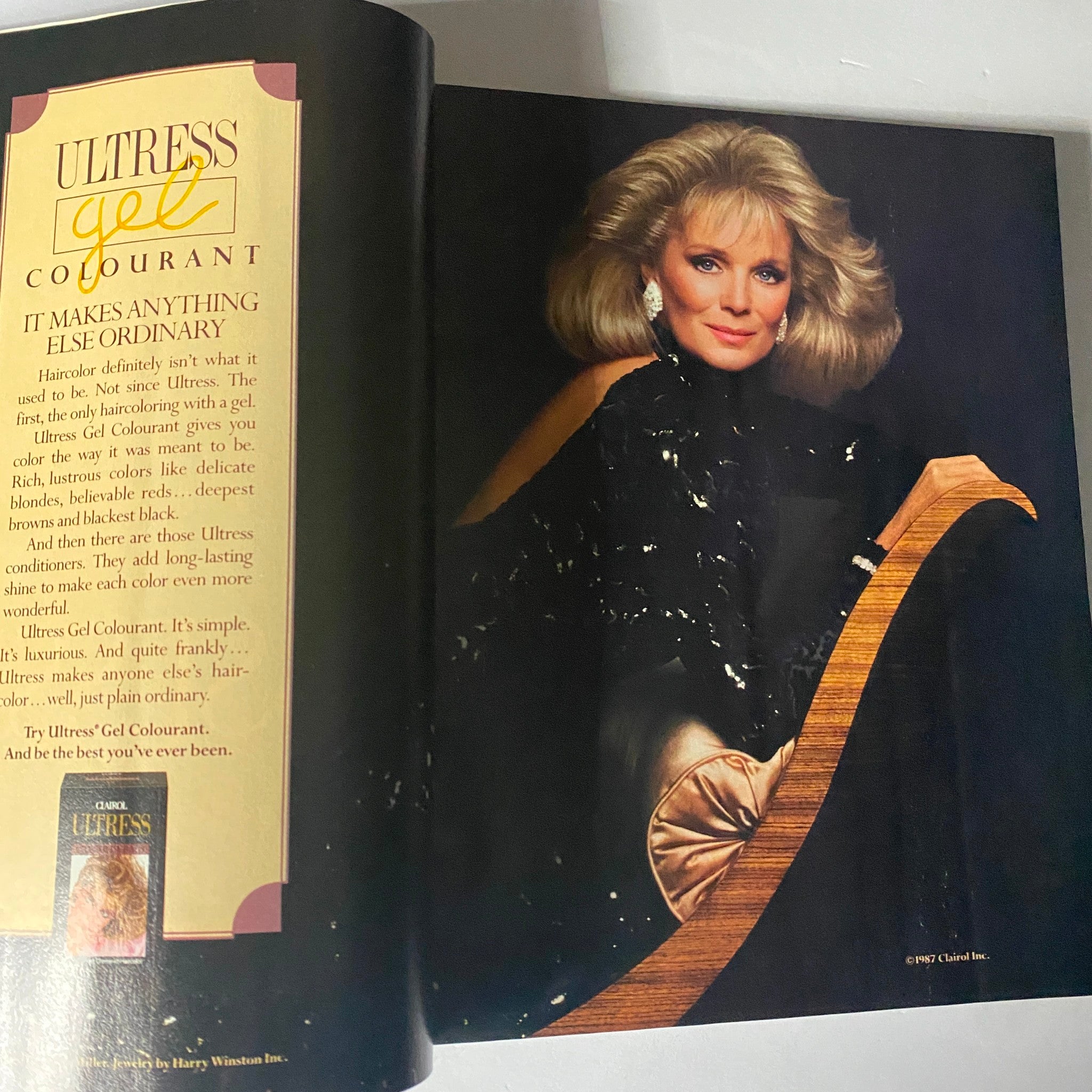 Interior page of Harper's Bazaar Magazine May 1987 featuring an ad for Ultress Gel Colourant with an elegant model showcasing luxurious hair color.