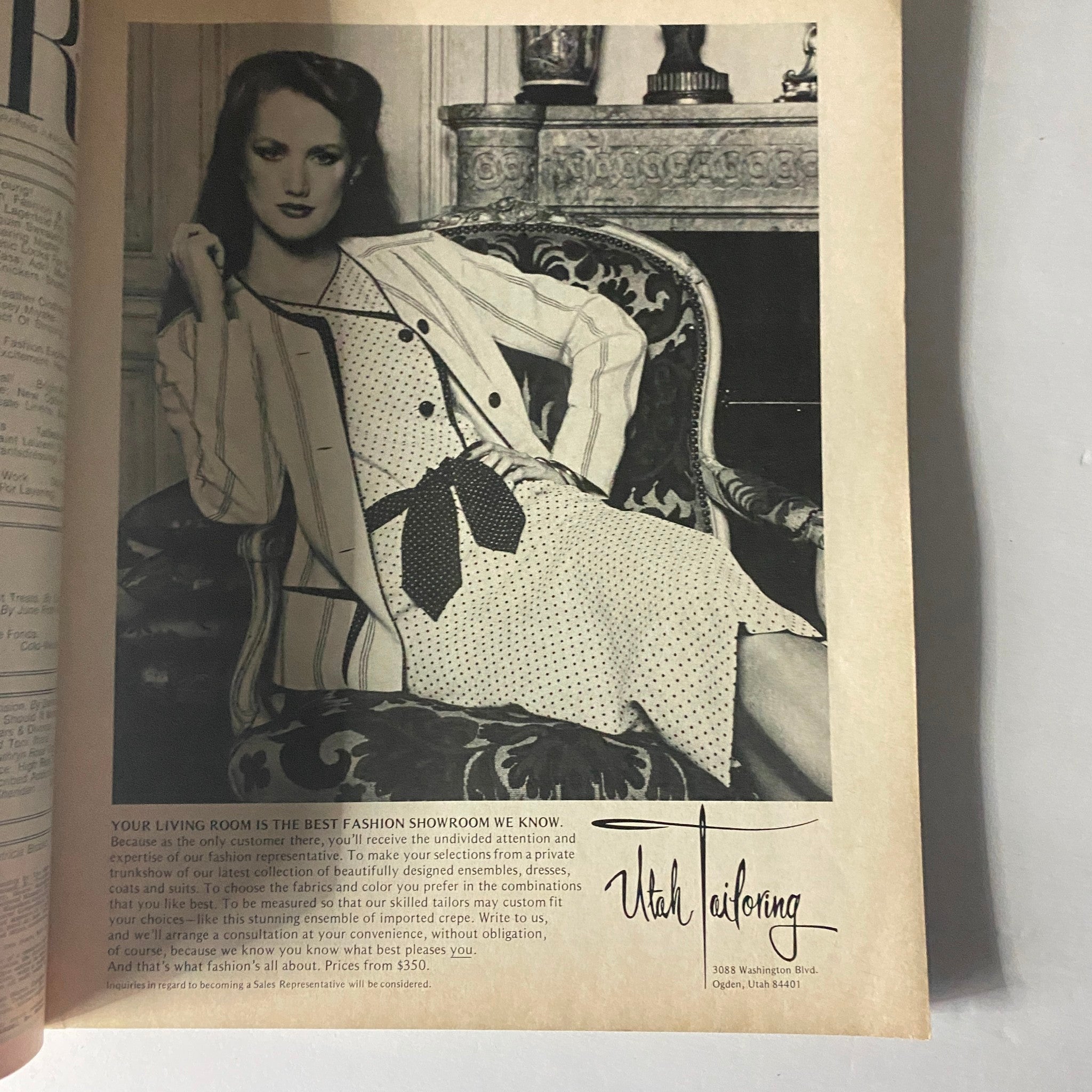 Black and white advertisement in Harper's Bazaar Magazine January 1980 featuring a model in a striped outfit, promoting Utah Tailoring services, demonstrating 1980s fashion.