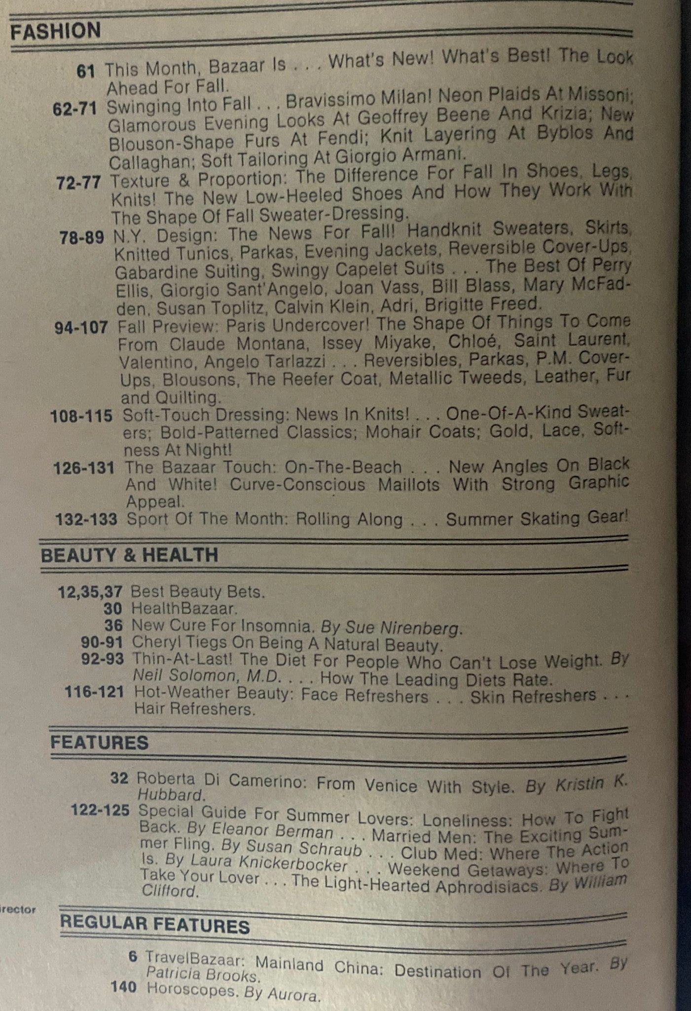 Contents page of Harper's Bazaar Magazine July 1980 showcasing fashion and beauty articles.