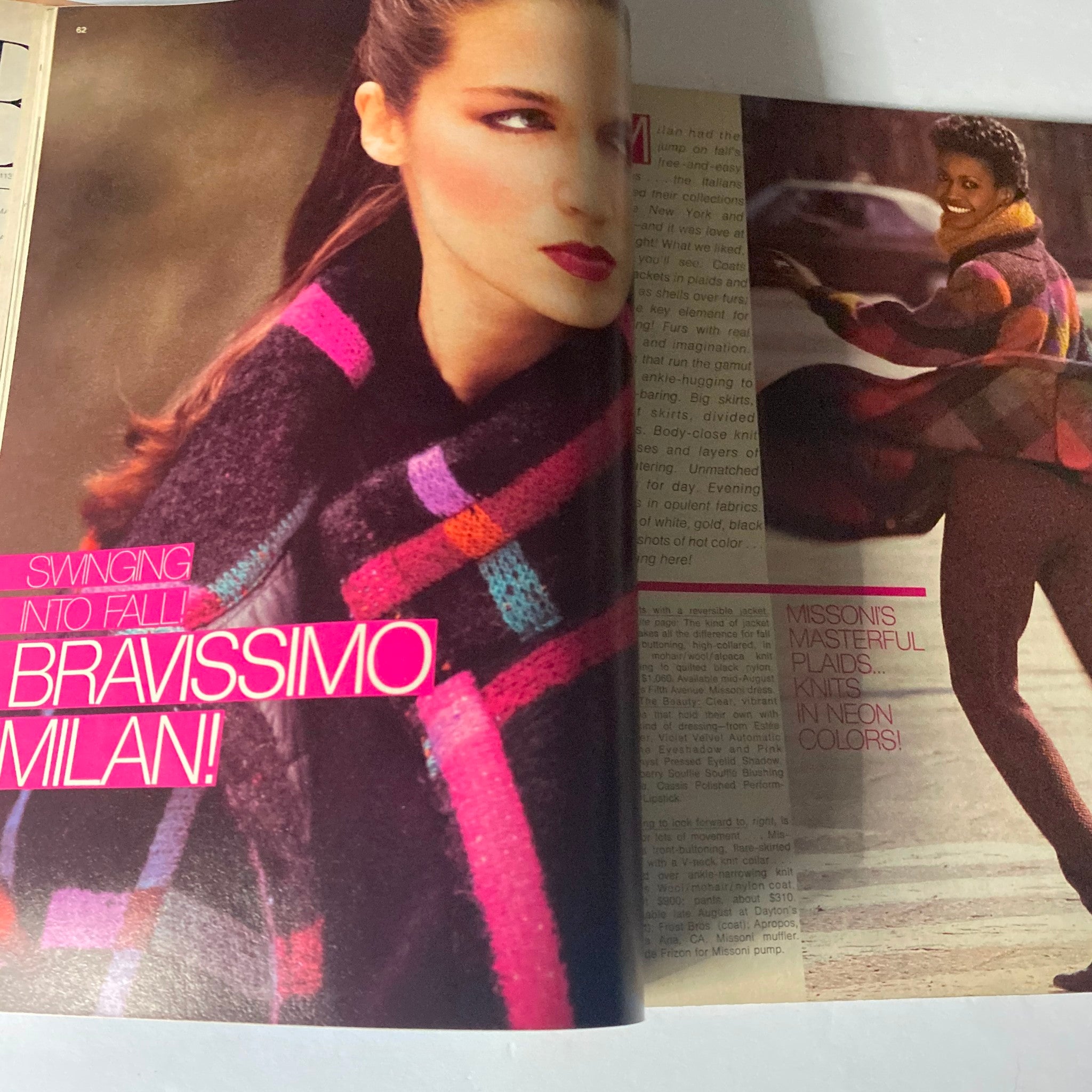 Fashion spread from Harper's Bazaar Magazine July 1980 highlighting neon plaids and styles for fall.