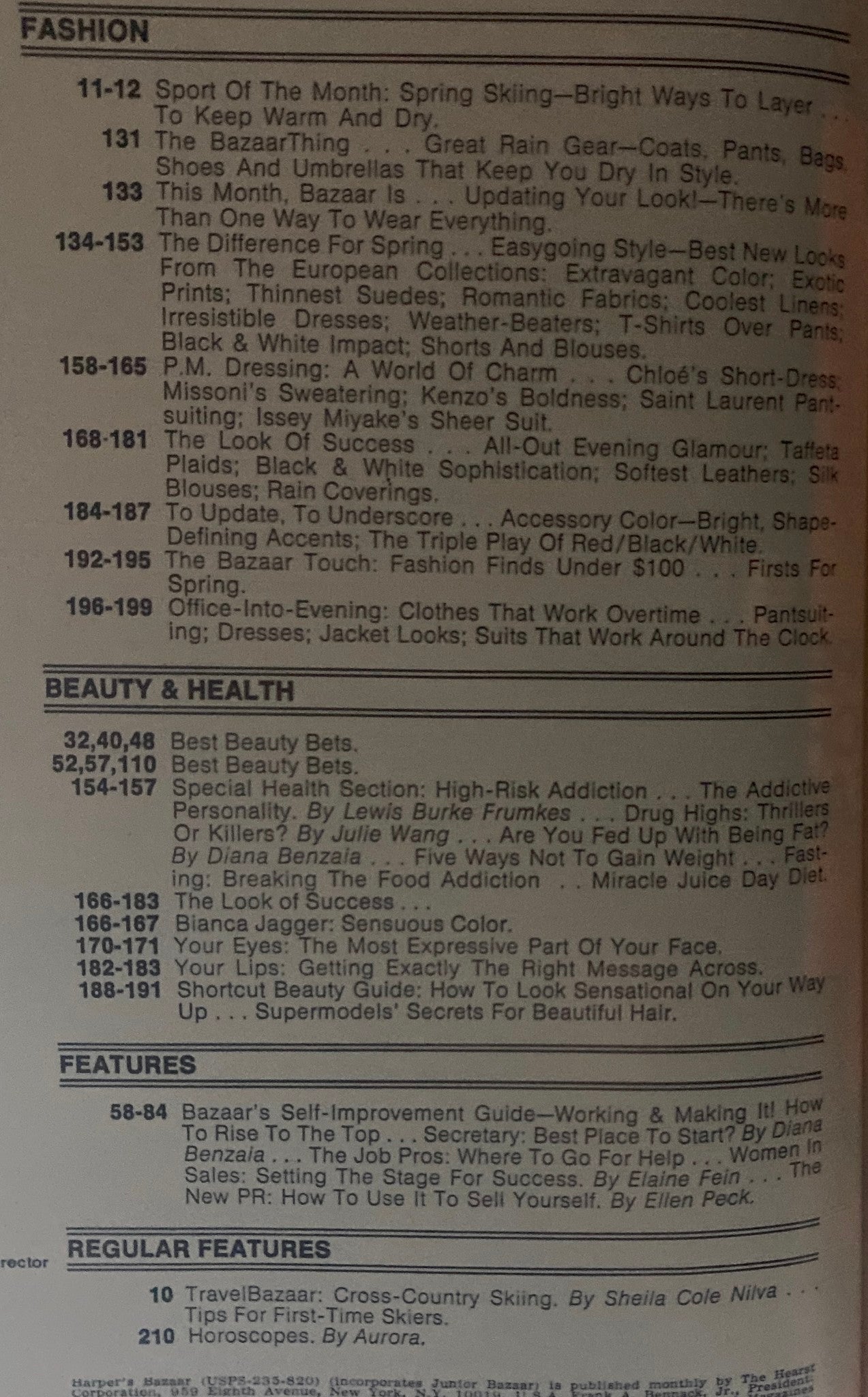 Table of contents from Harper's Bazaar Magazine March 1980, highlighting features on spring skiing fashion, makeup, and health topics of the era.