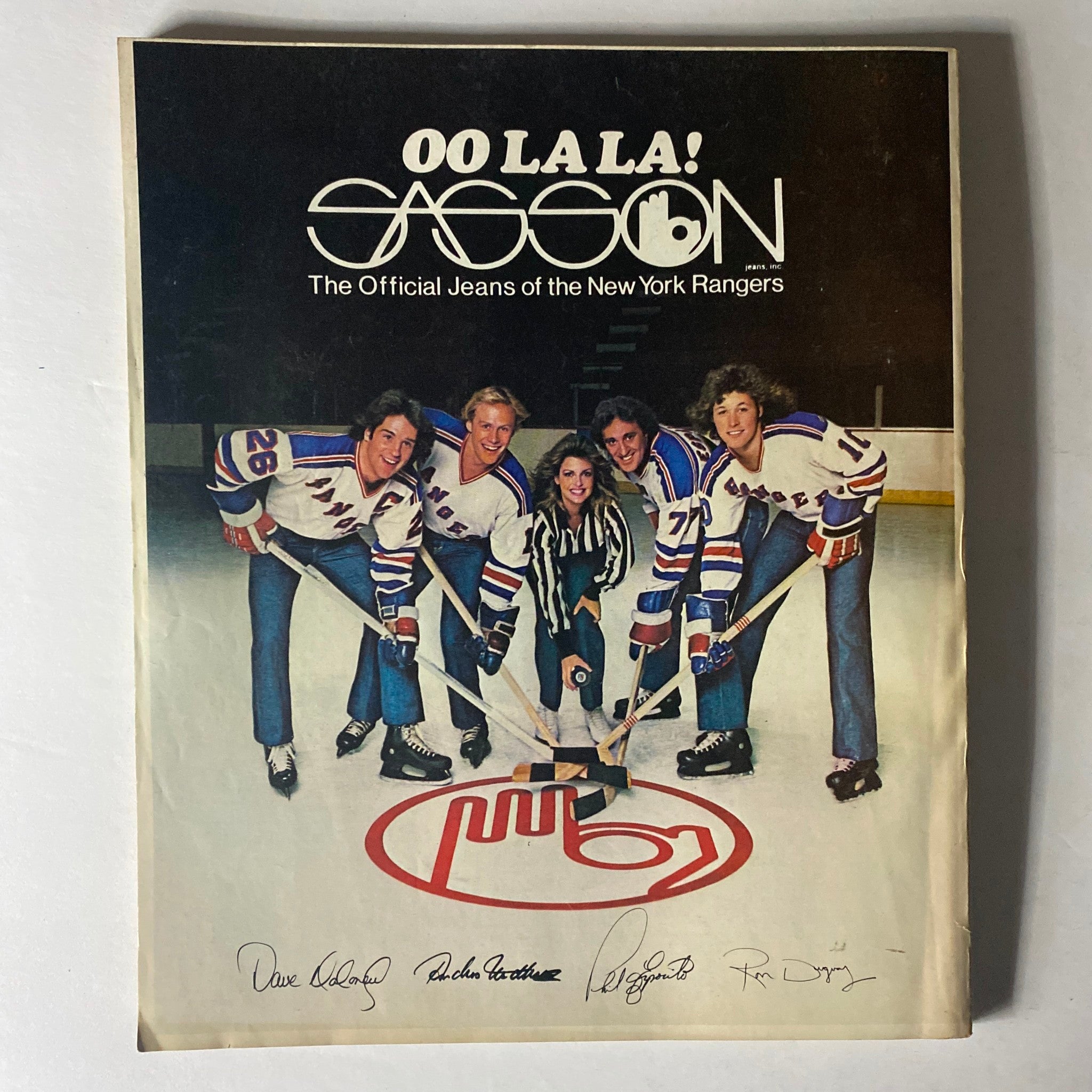Advertisement from Harper's Bazaar Magazine March 1980 showcasing Sasson jeans, featuring models in New York Rangers uniforms, highlighting the intersection of sports and fashion.