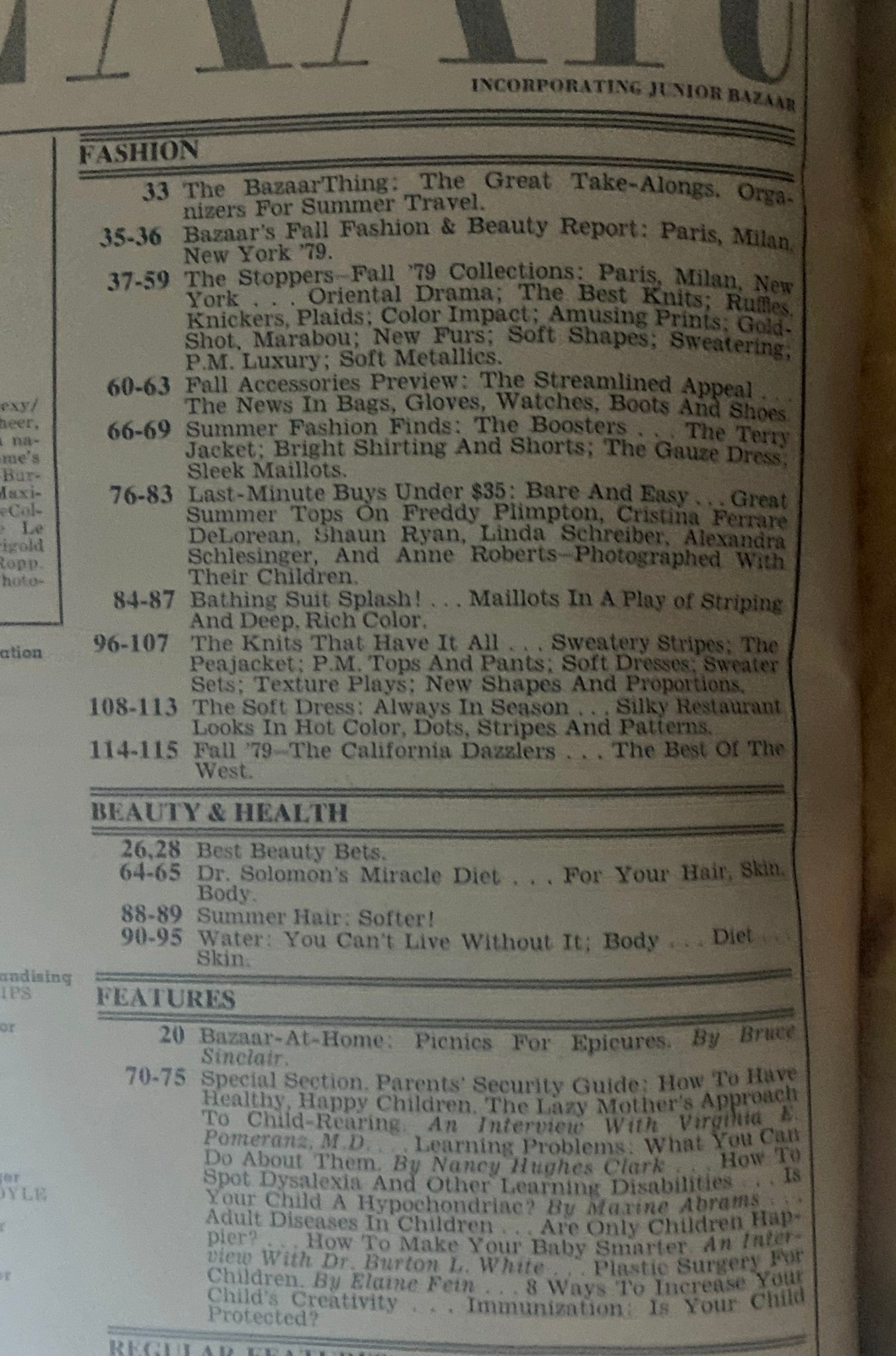 Interior page of Harper's Bazaar Magazine July 1979 featuring a table of contents listing fashion and beauty articles, highlighting trends from the 1970s.
