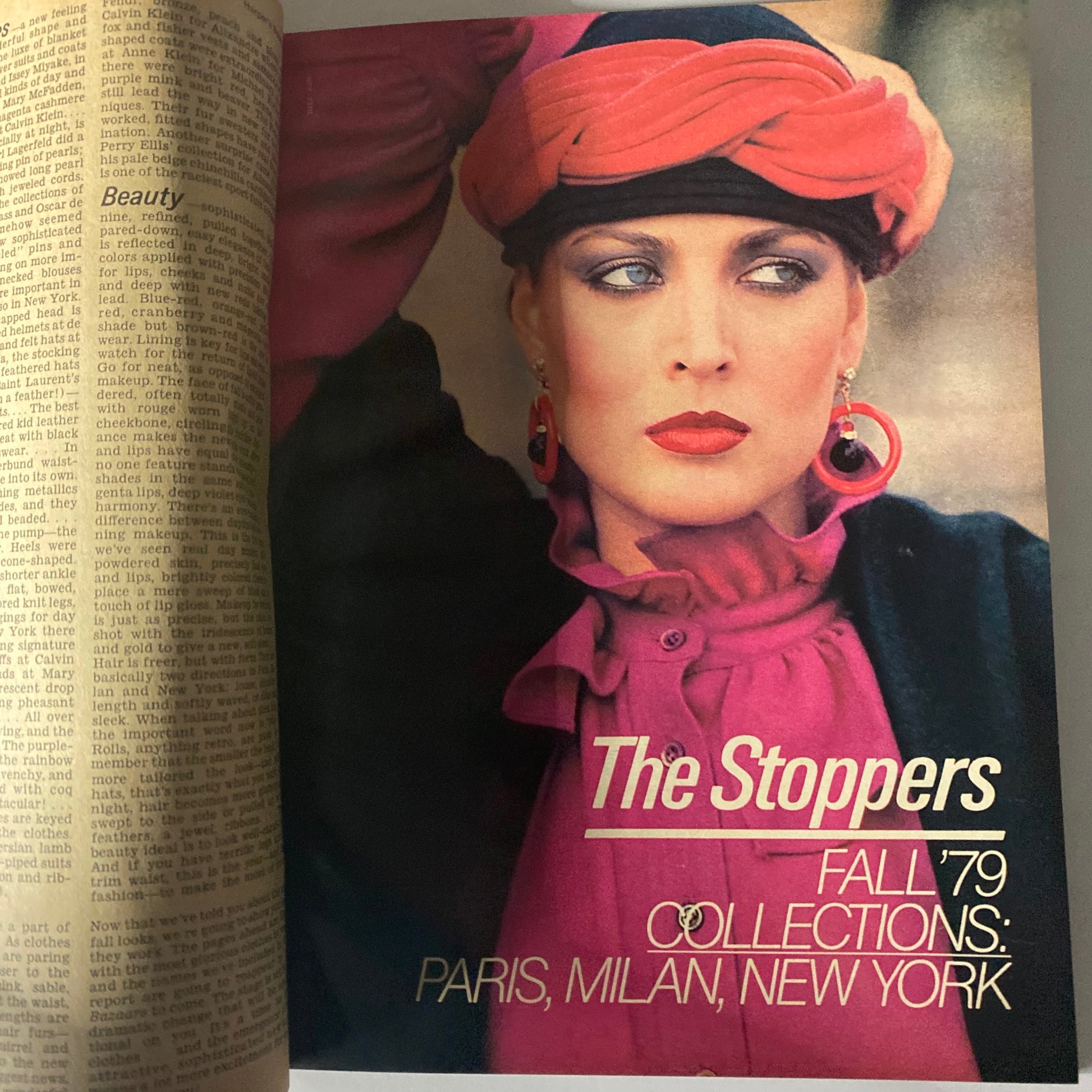 Harper's Bazaar Magazine July 1979 Cheryl Tiegs Cover featuring a model with bold makeup, pink clothing, and striking accessories during the Fall '79 collections from Paris, Milan, and New York.