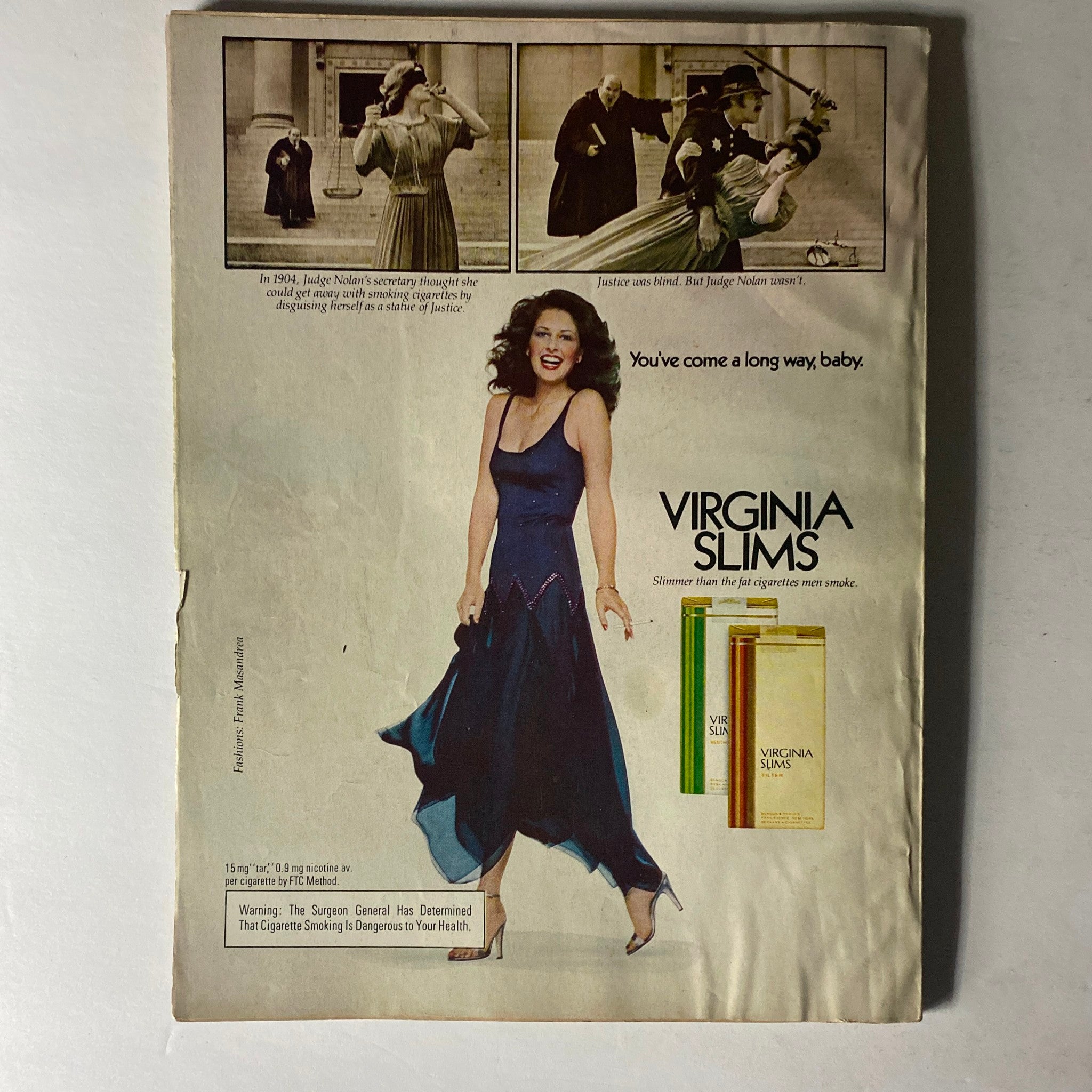 Harper's Bazaar Magazine July 1979 Cheryl Tiegs Cover showing a vintage advertisement for Virginia Slims featuring a woman in a glamorous dress, representing the cultural aesthetic of the late 1970s.
