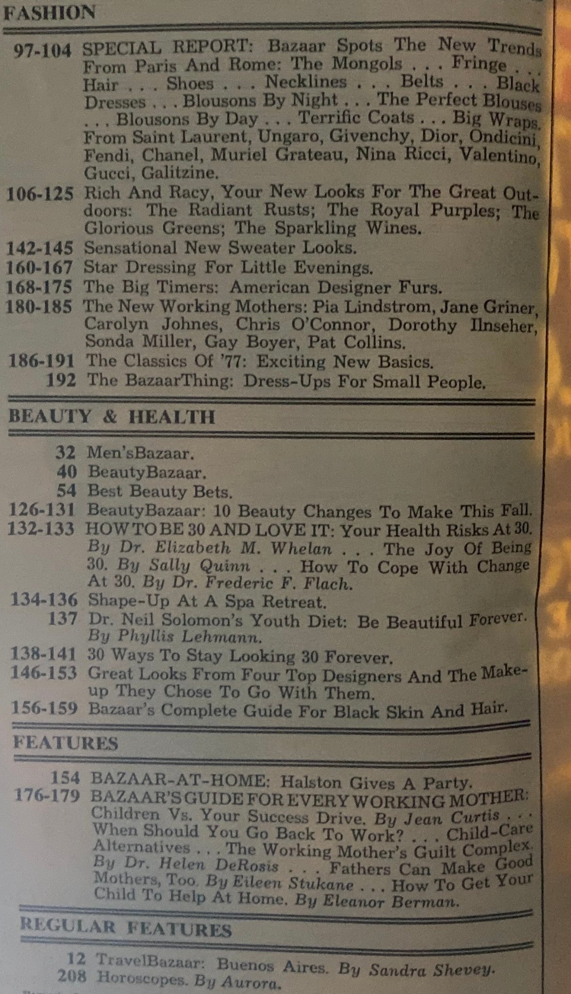 Table of contents from Harper's Bazaar Magazine, October 1977, detailing featured articles on fashion trends and health topics for that season.