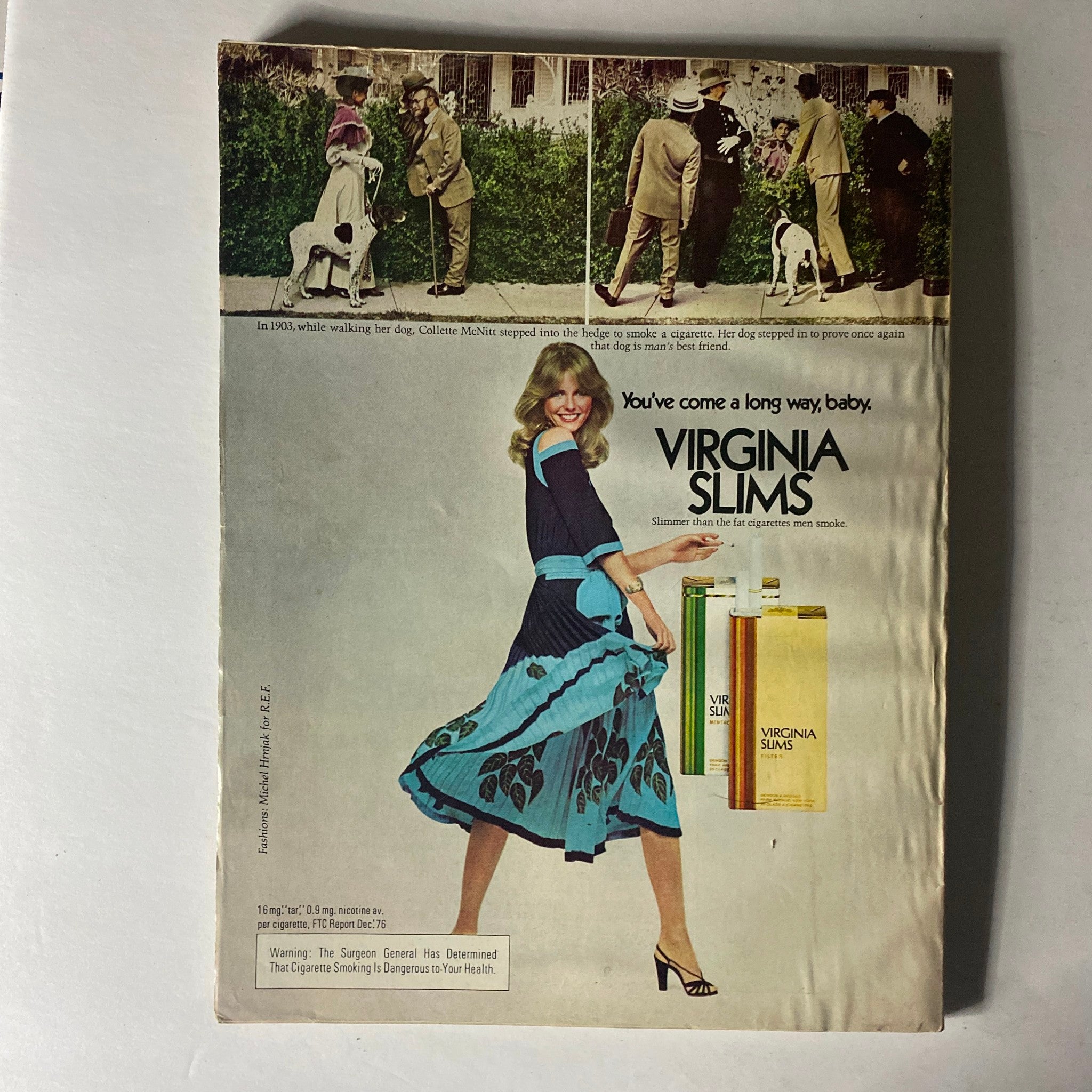 Back cover of Harper's Bazaar Magazine October 1977, showcasing an advertisement for Virginia Slims, featuring a smiling woman in a blue and black dress with the text 'You've come a long way, baby'.