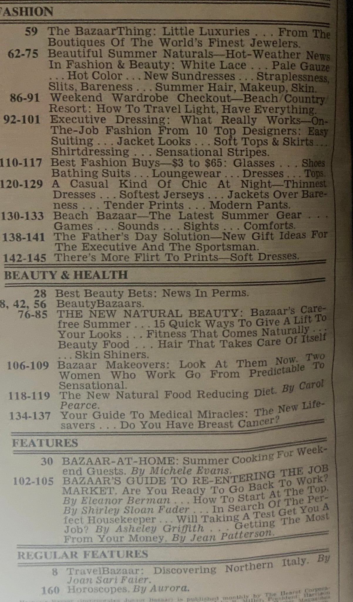 Table of contents page from Harper's Bazaar Magazine June 1978, listing featured articles and topics on fashion, beauty, and health.
