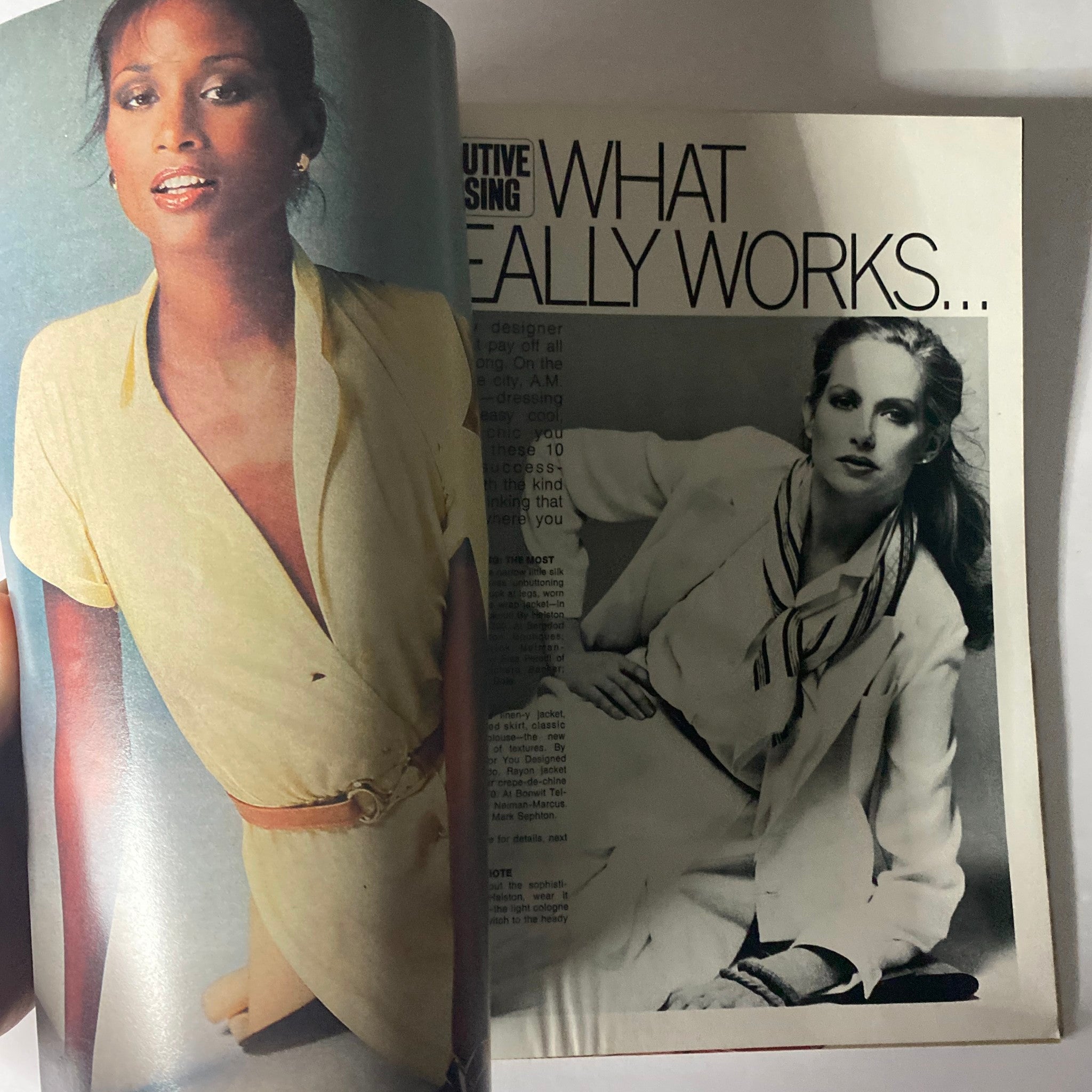 A fashion spread from Harper's Bazaar Magazine June 1978 featuring a model in a yellow outfit and another model in a white ensemble with a scarf, showcasing the style trends of the late 1970s.