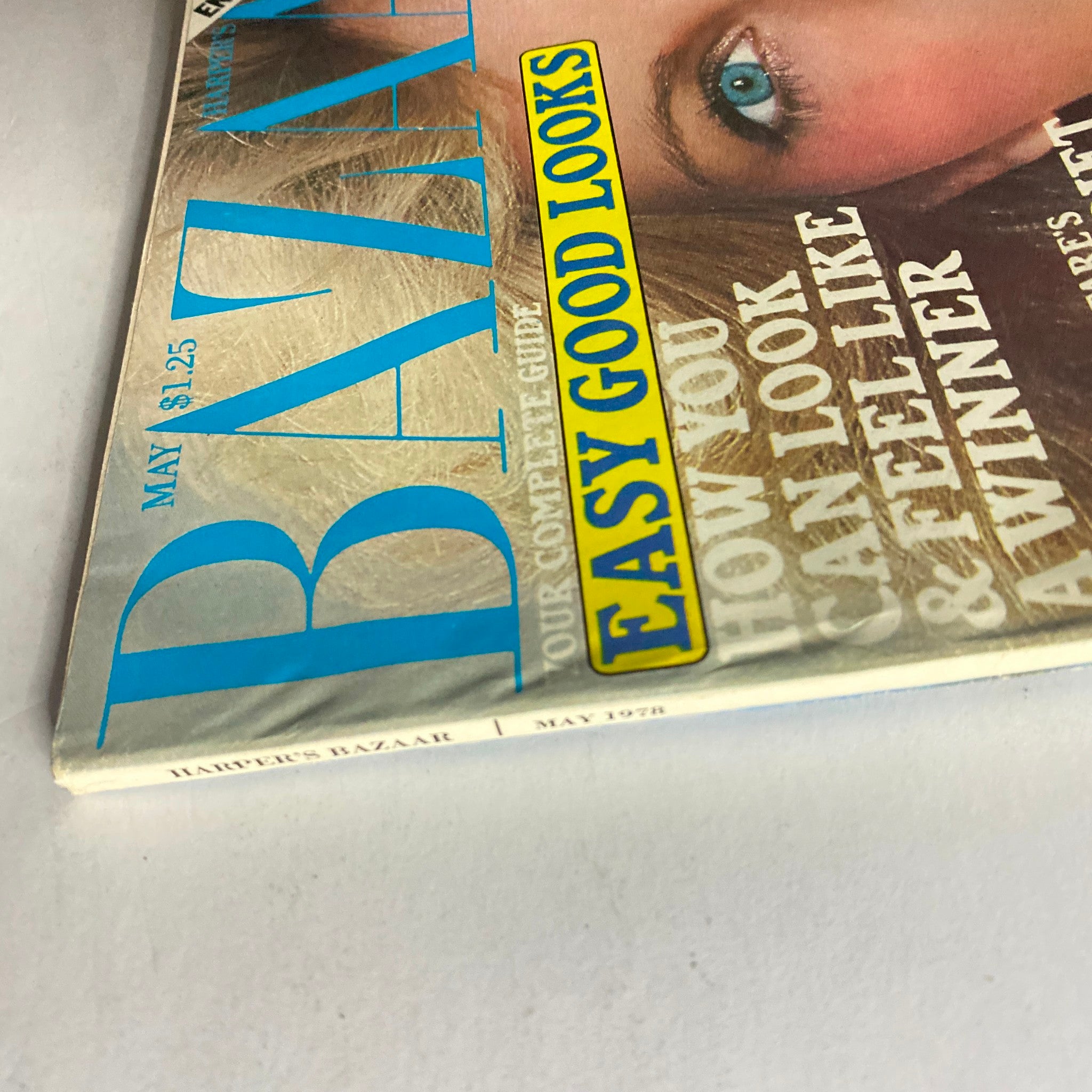 Side profile of Harper's Bazaar Magazine May 1978 showcasing the magazine's title and highlights like 'EASY GOOD LOOKS' printed on the cover.