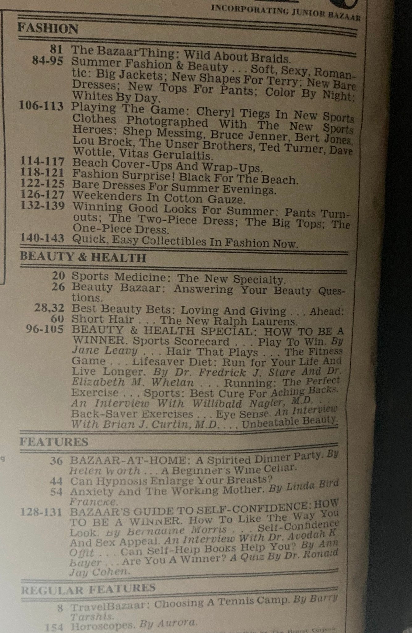 Contents page of Harper's Bazaar Magazine May 1978 with listings for fashion and beauty topics including features on Cheryl Tiegs and summer fashion highlights.