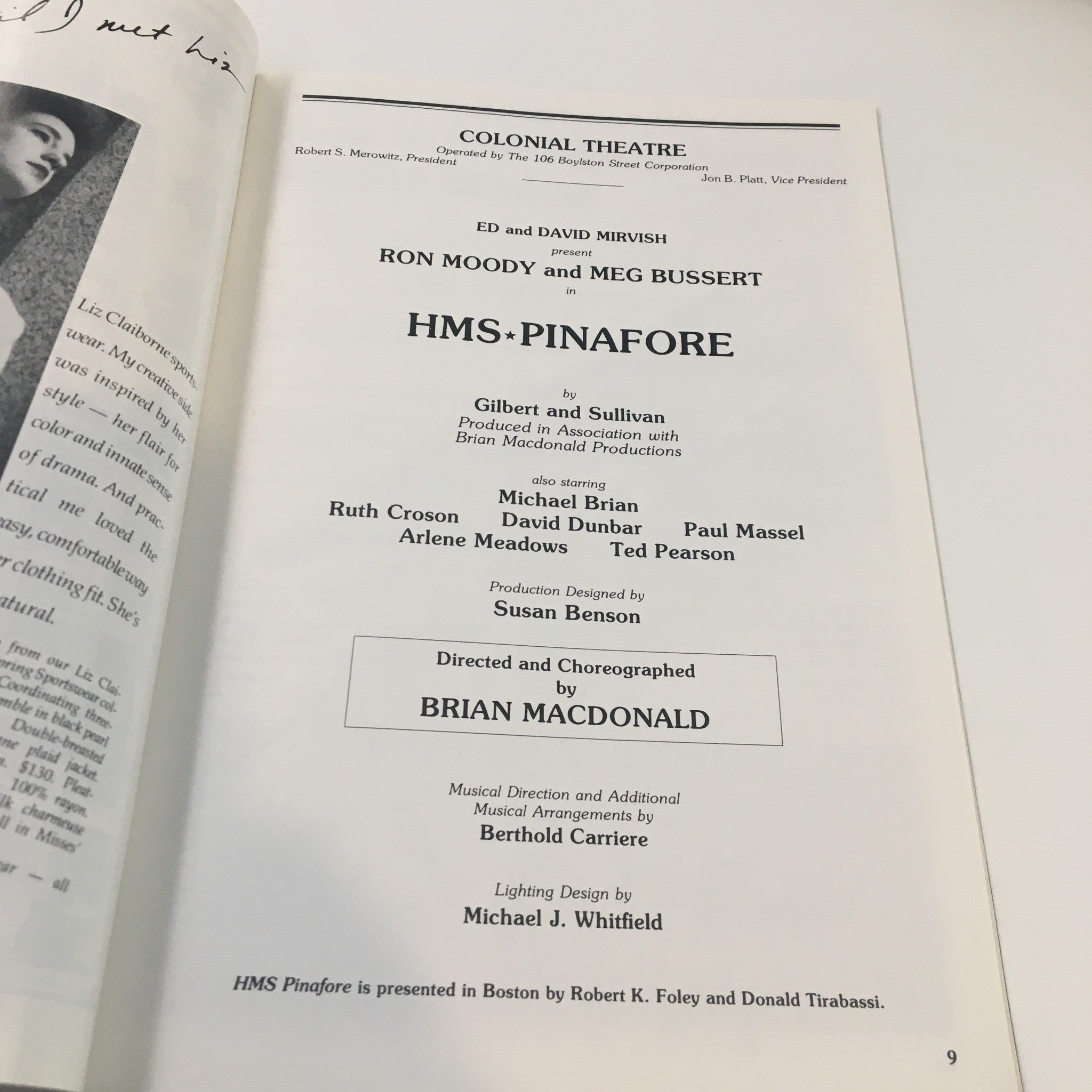 1988 Playbill Colonial Theatre Ron Moody and Meg Bussert in HMS - Pinafore