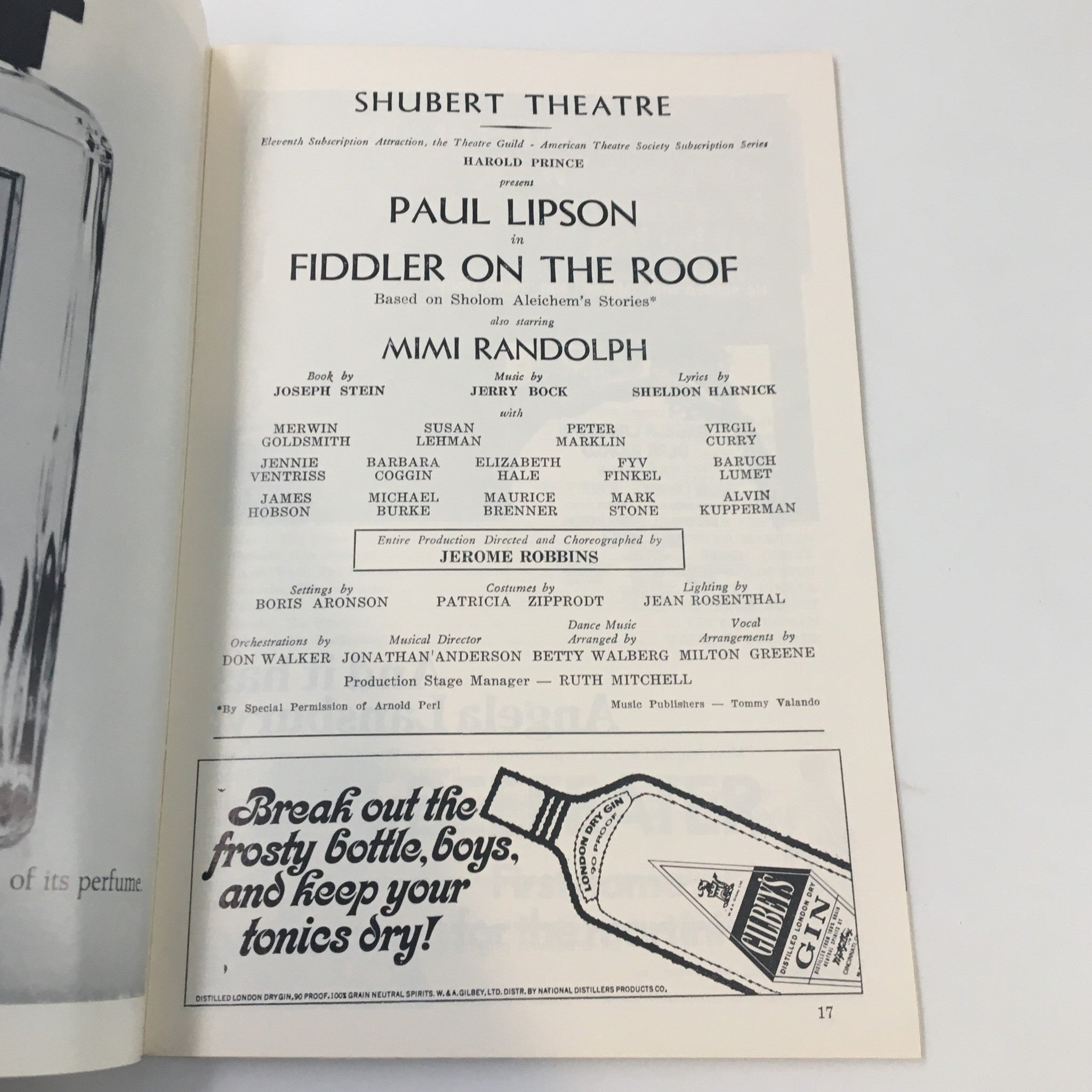 1969 Playbill Shubert Theatre Paul Lipson in Fiddler on the Roof Jerome Robbins