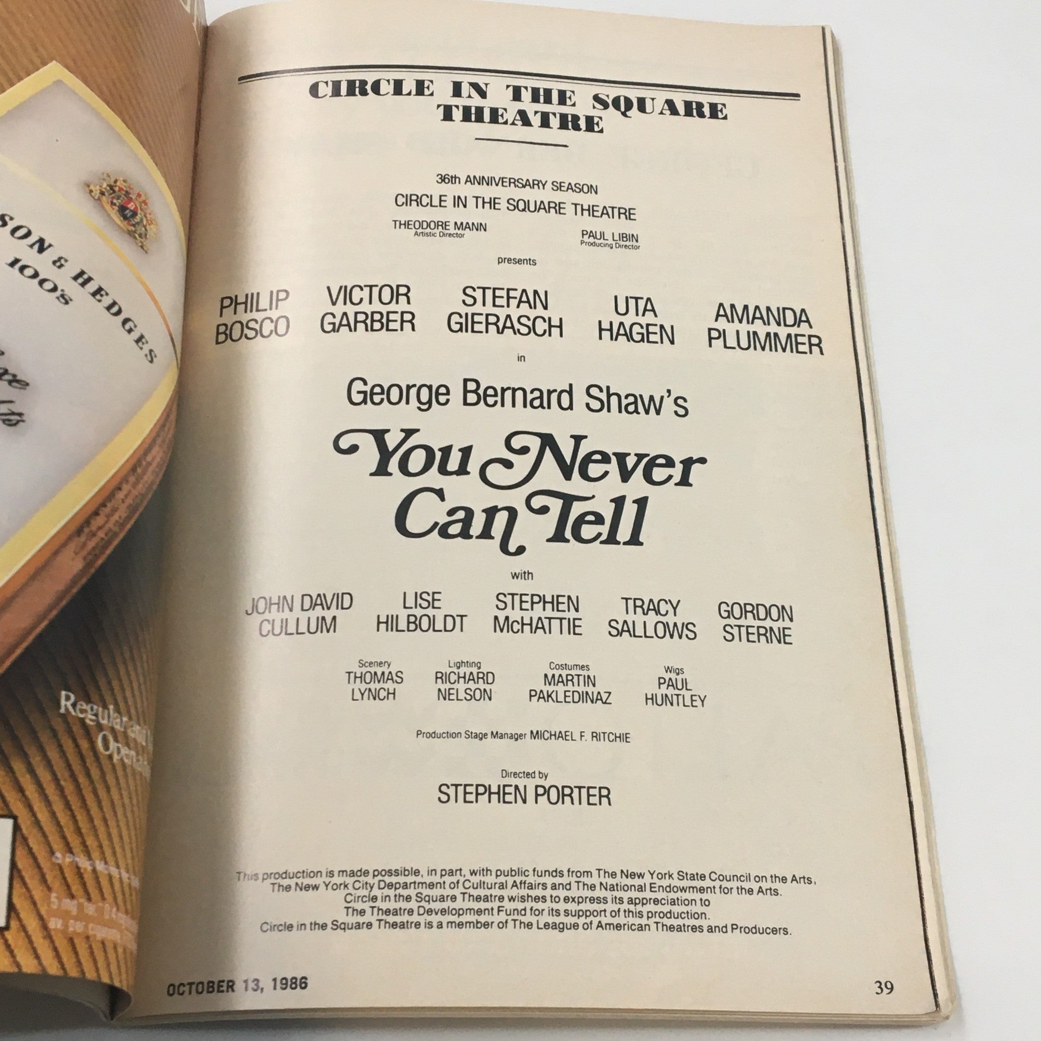 1986 Playbill Circle in the Square Theatre George Shaw's You Never Can Tell