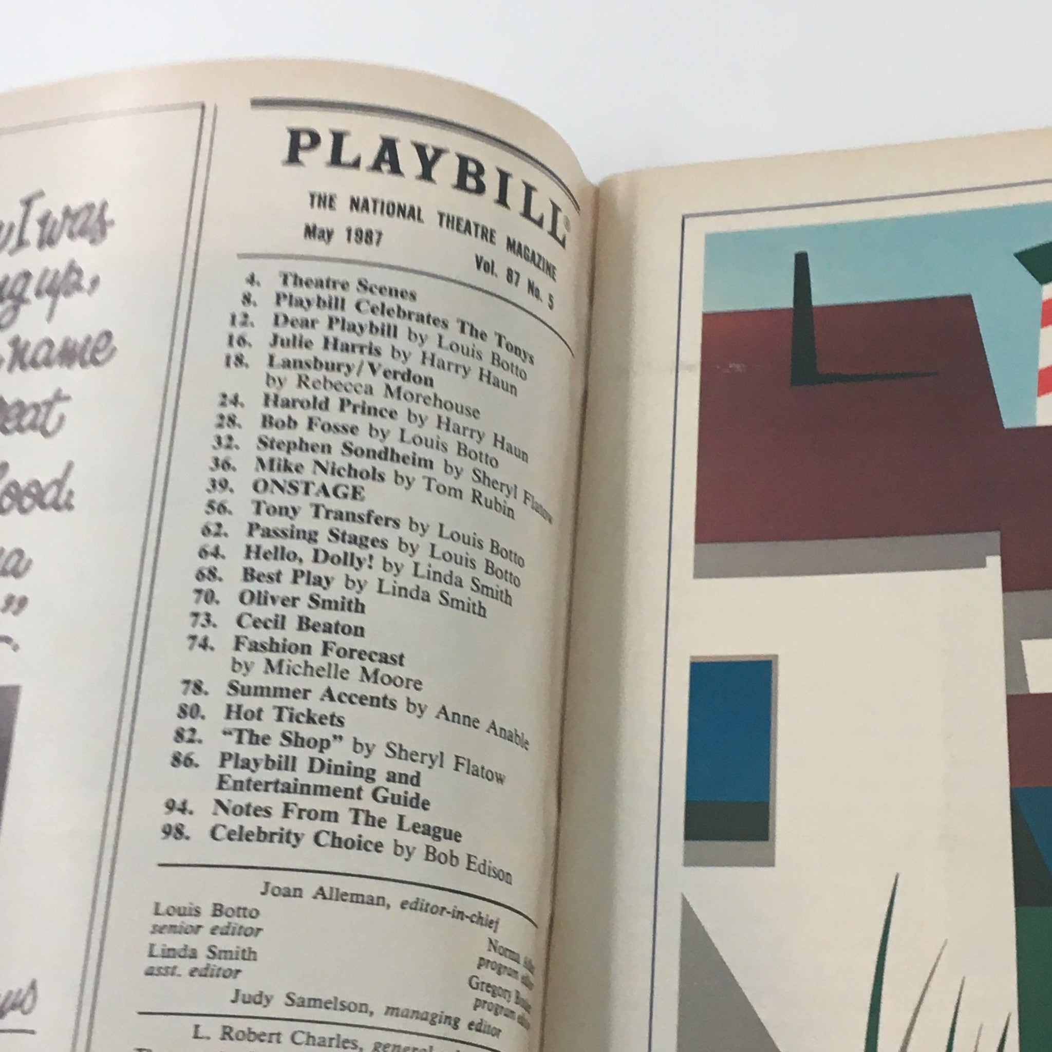 Interior page of the 1987 Playbill, showcasing the contents and features of the May issue, including highlights from various theatrical productions.
