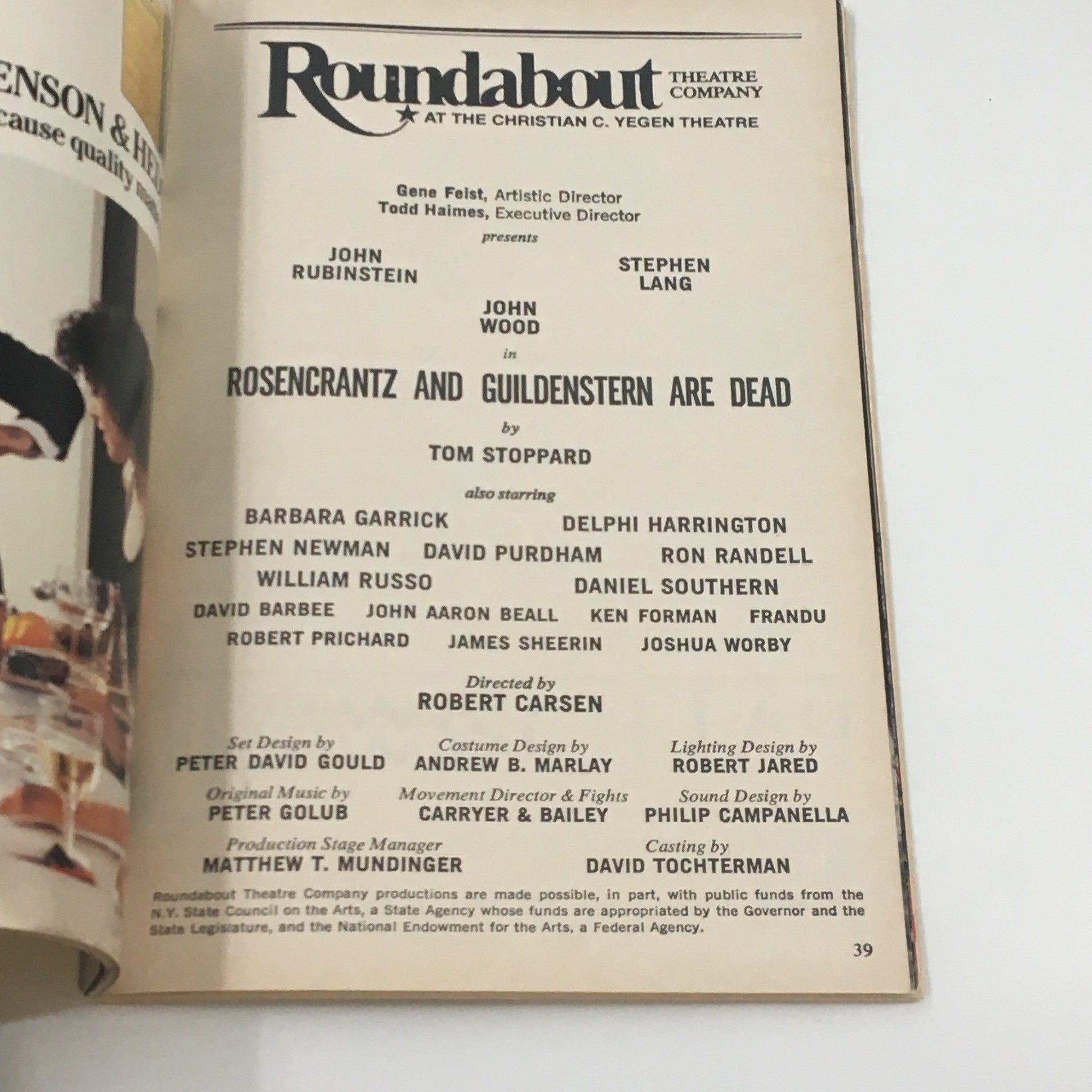Another interior page of the 1987 Playbill for Rosencrantz and Guildenstern Are Dead, listing the cast, crew, and production details from the Roundabout Theatre Company.
