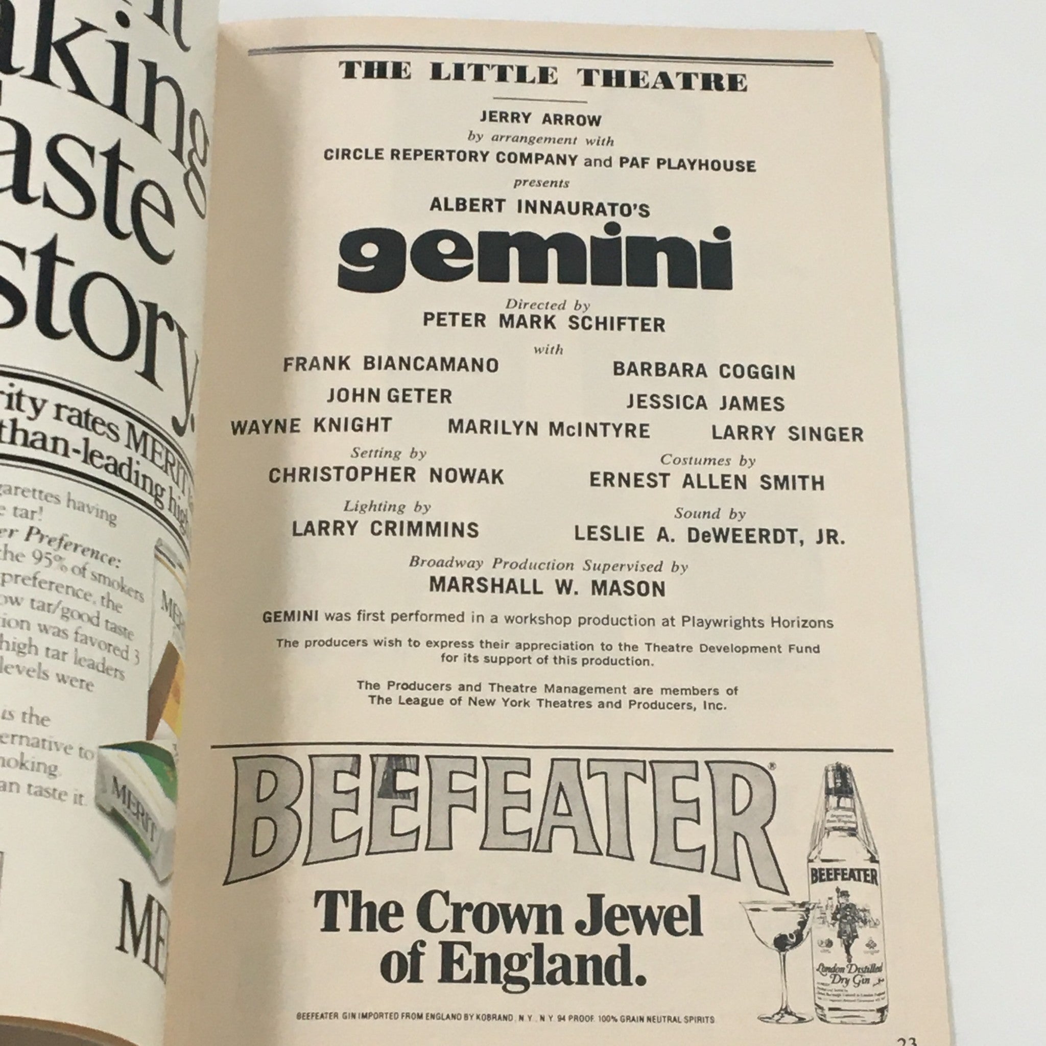 1977 Playbill The Little Theatre Albert Innaurato's Gemini by Peter Schifter