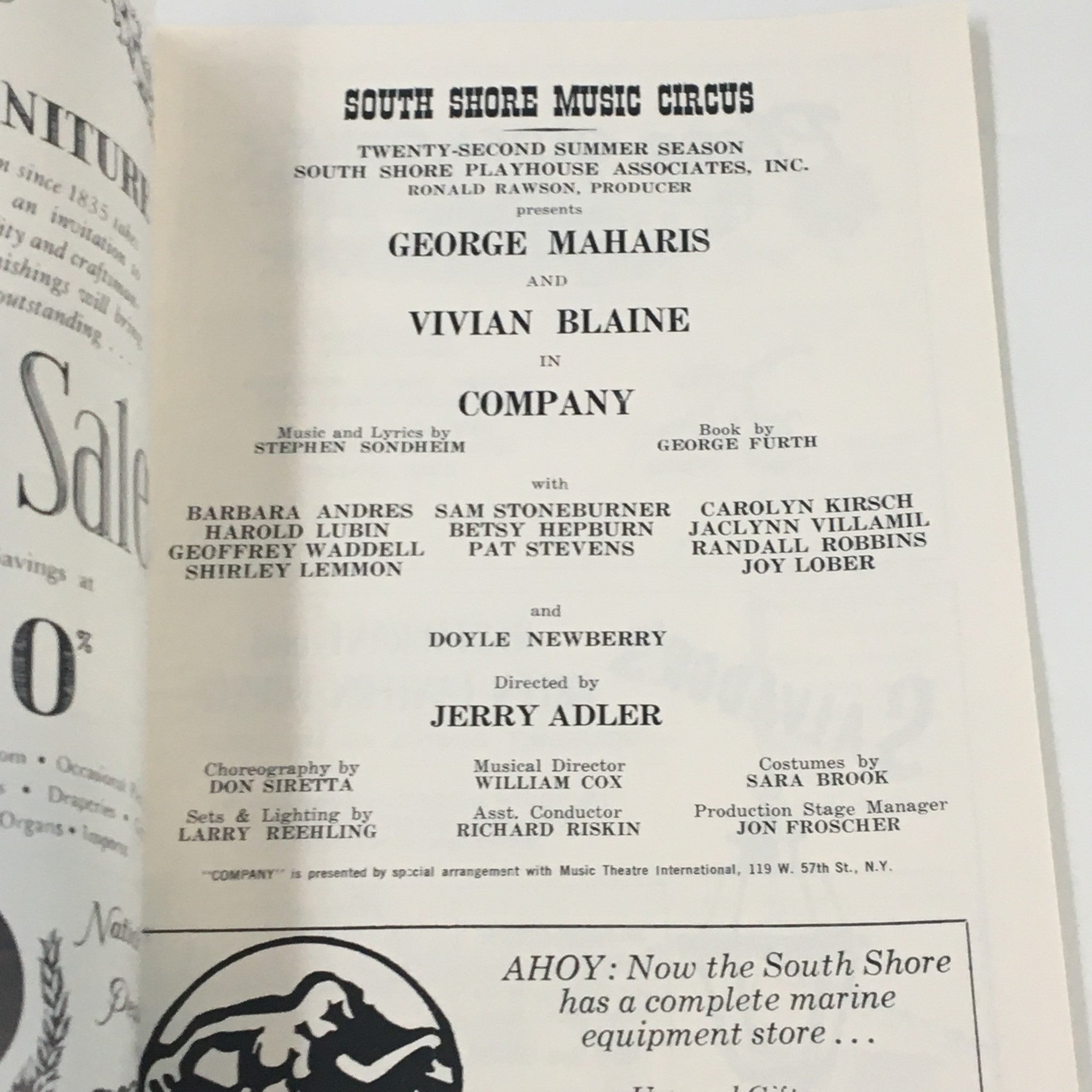 1972 Playbill South Shore Music Circus George Maharis Vivian Blane in Company