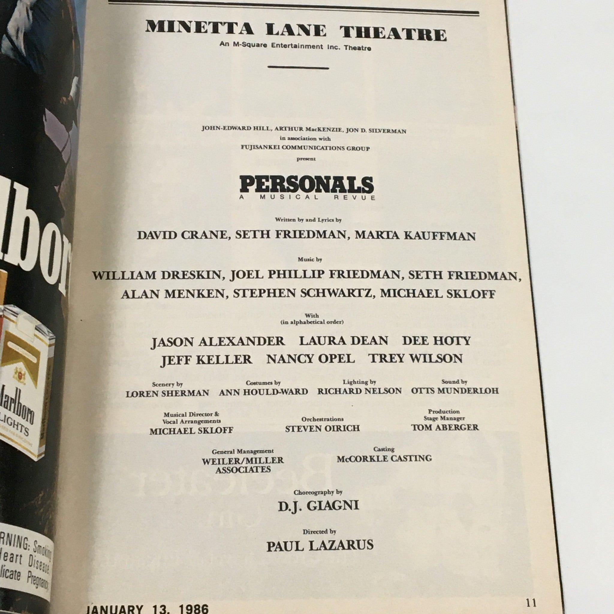 1986 Playbill Minetta Lane Theatre Personals A Musical Revue by David Crane