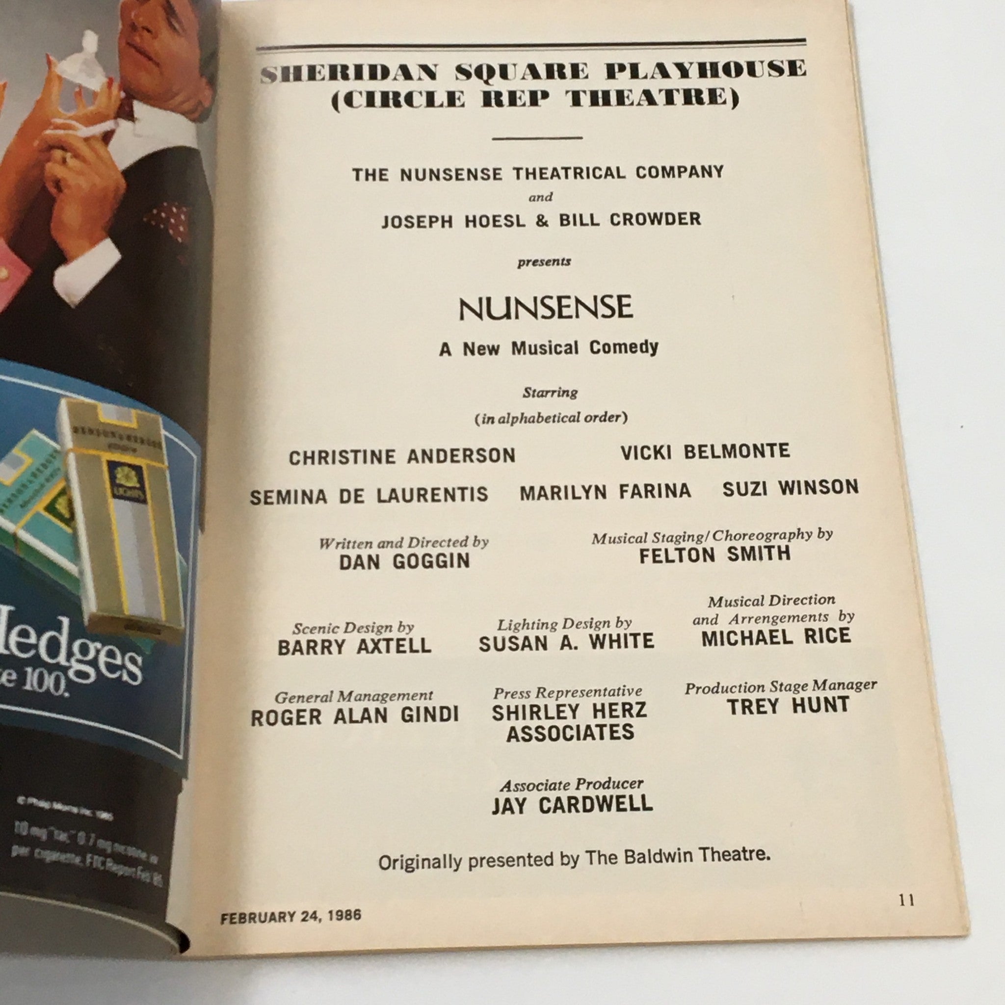 1986 Playbill Sheridan Square Playhouse Nunsense Musical by Joseph Hoesl