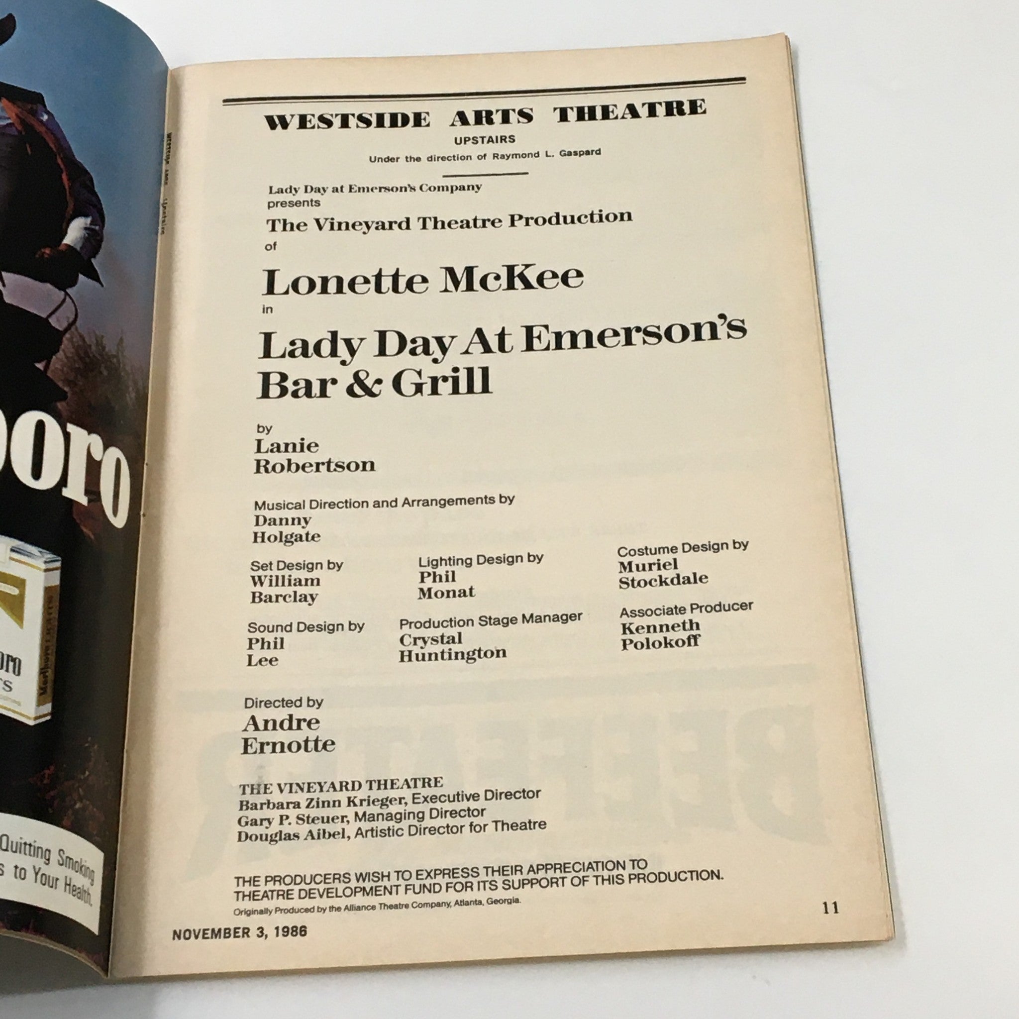 1986 Playbill Westside Arts Theatre Lady Day at Emerson's Bar & Grill