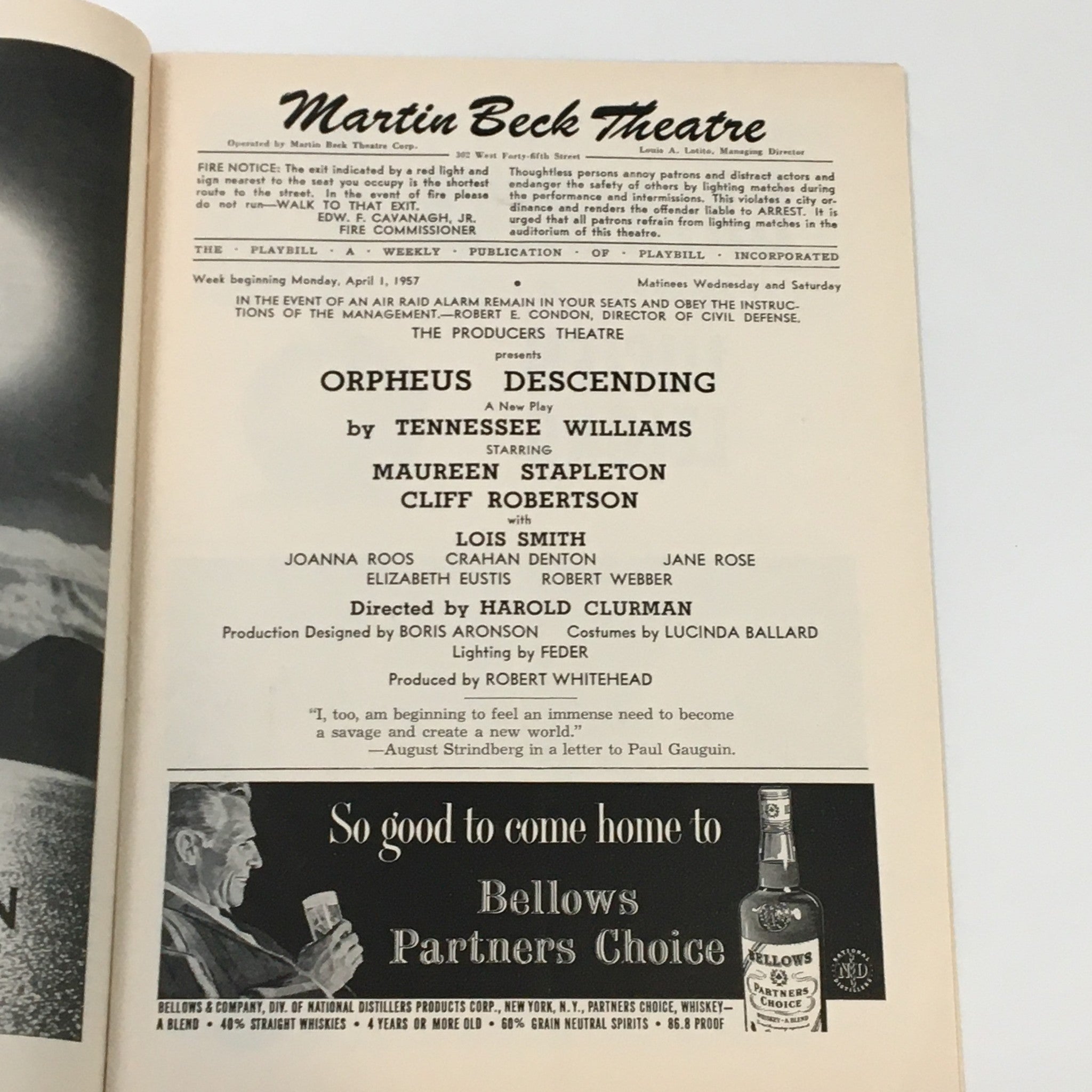 1957 Playbill Martin Beck Theatre Orpheus Descending by Tennessee Williams