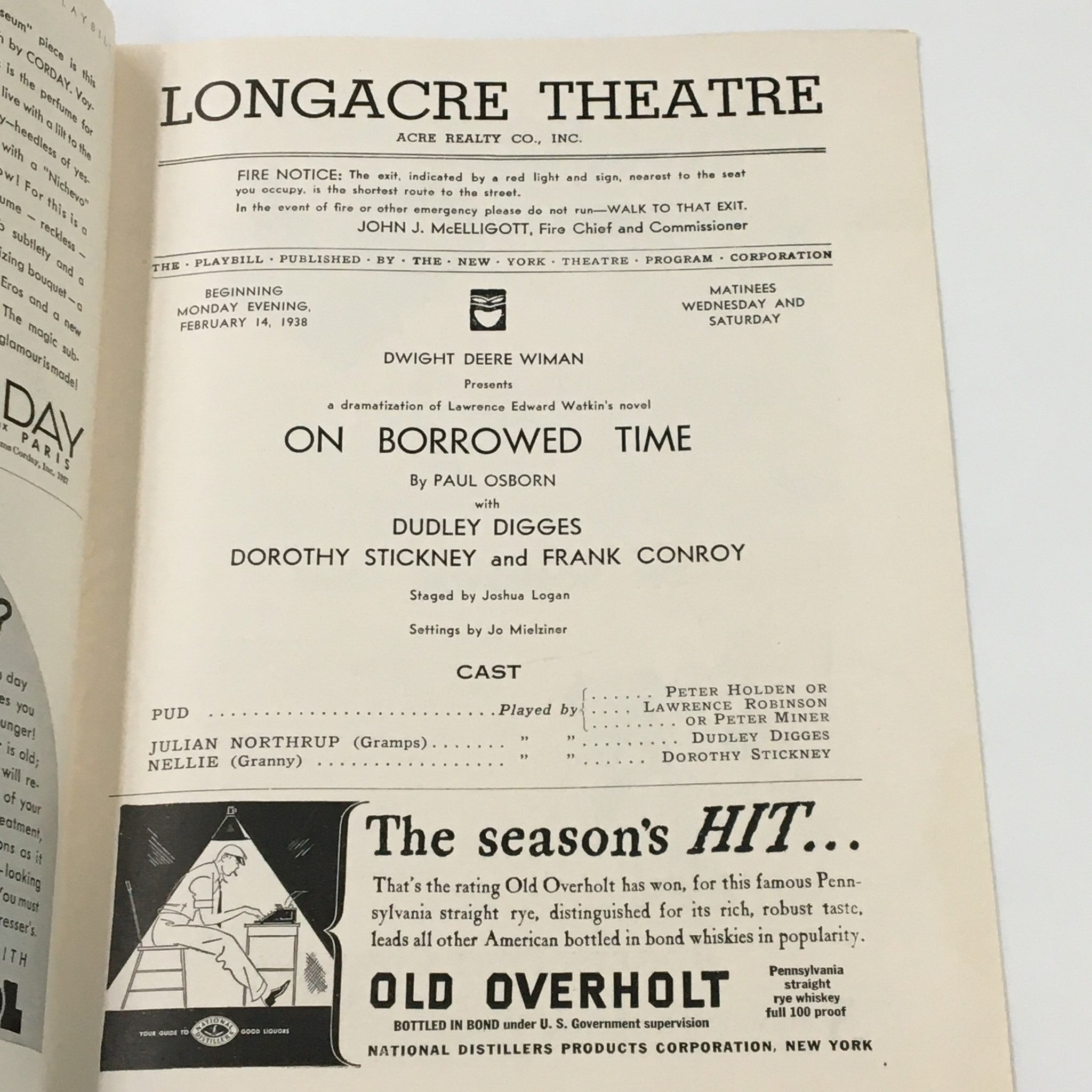 1938 Playbill Longacre Theatre On Borrowed Time by Paul Osborn & Dudley Digges