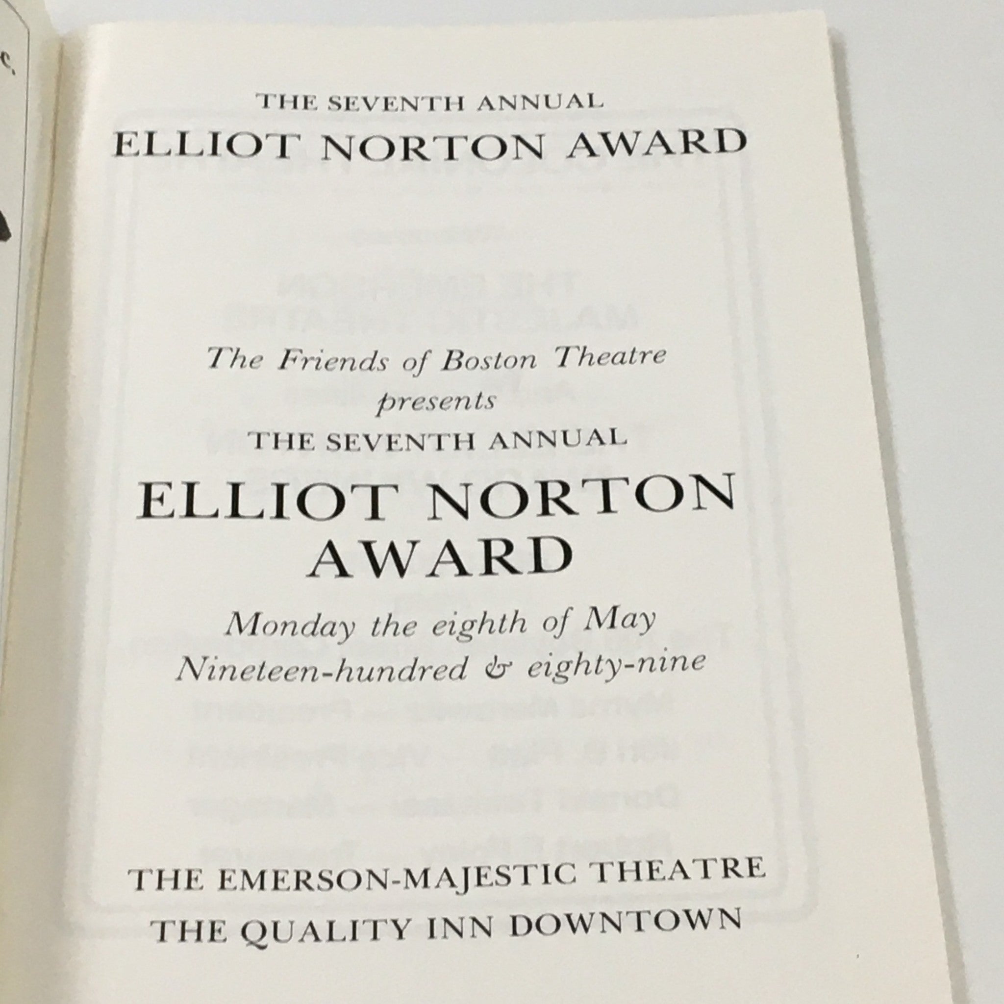 1989 Playbill Emerson Majestic Theatre The Seventh Annual Elliot Norton Award VG