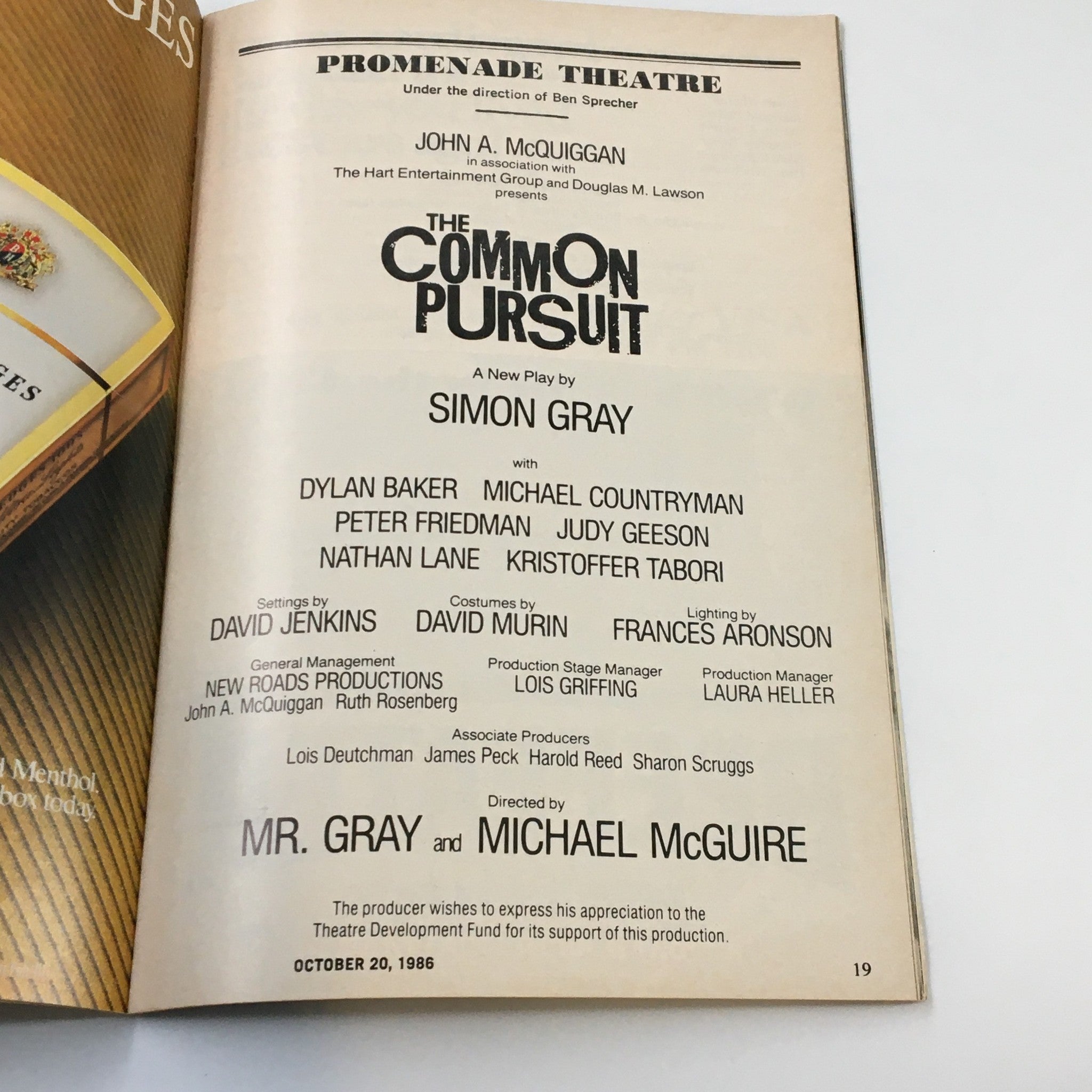 1986 Playbill Promenade Theatre The Common Pursuit Play by Simon Gray