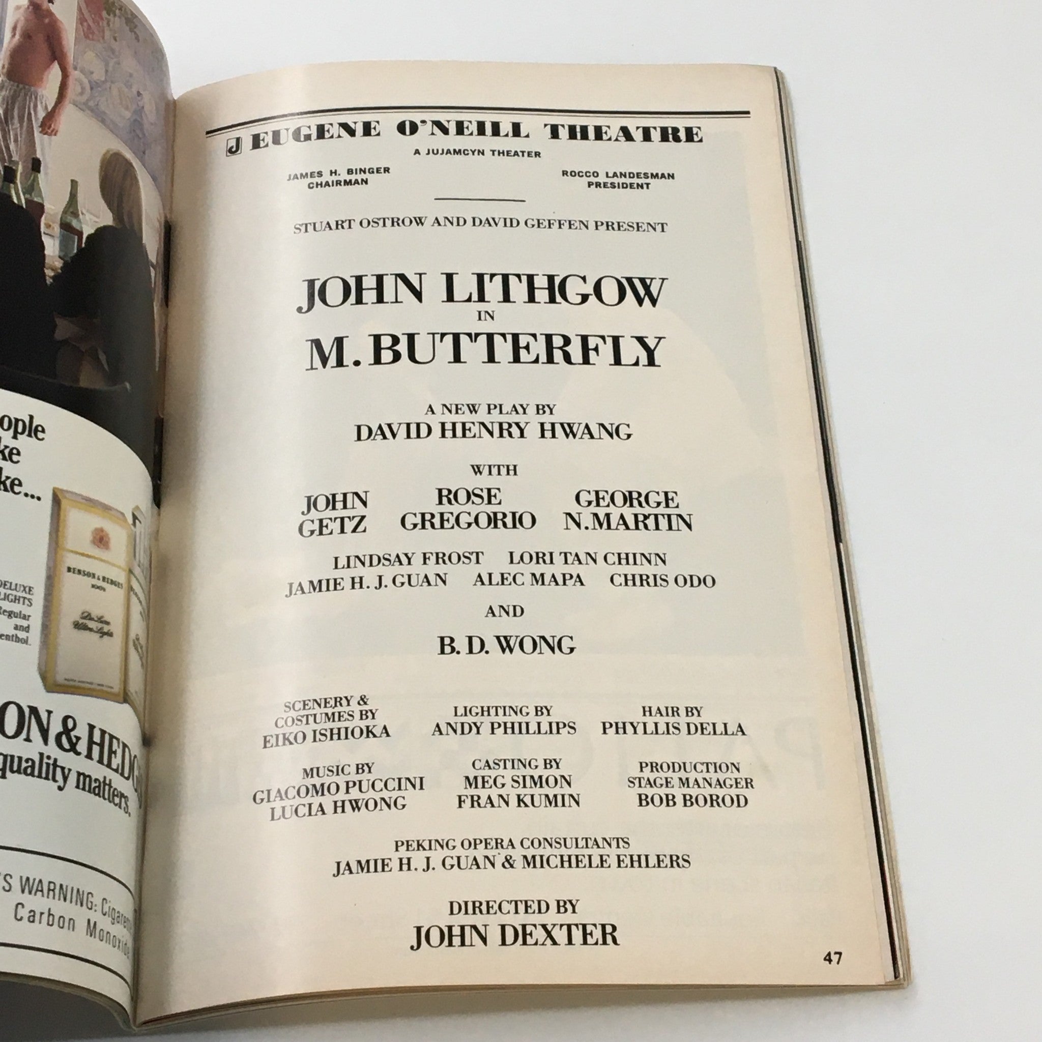 1988 Playbill Eugene O'Neill Theatre John Lithgow in M. Butterfly by David Hwang