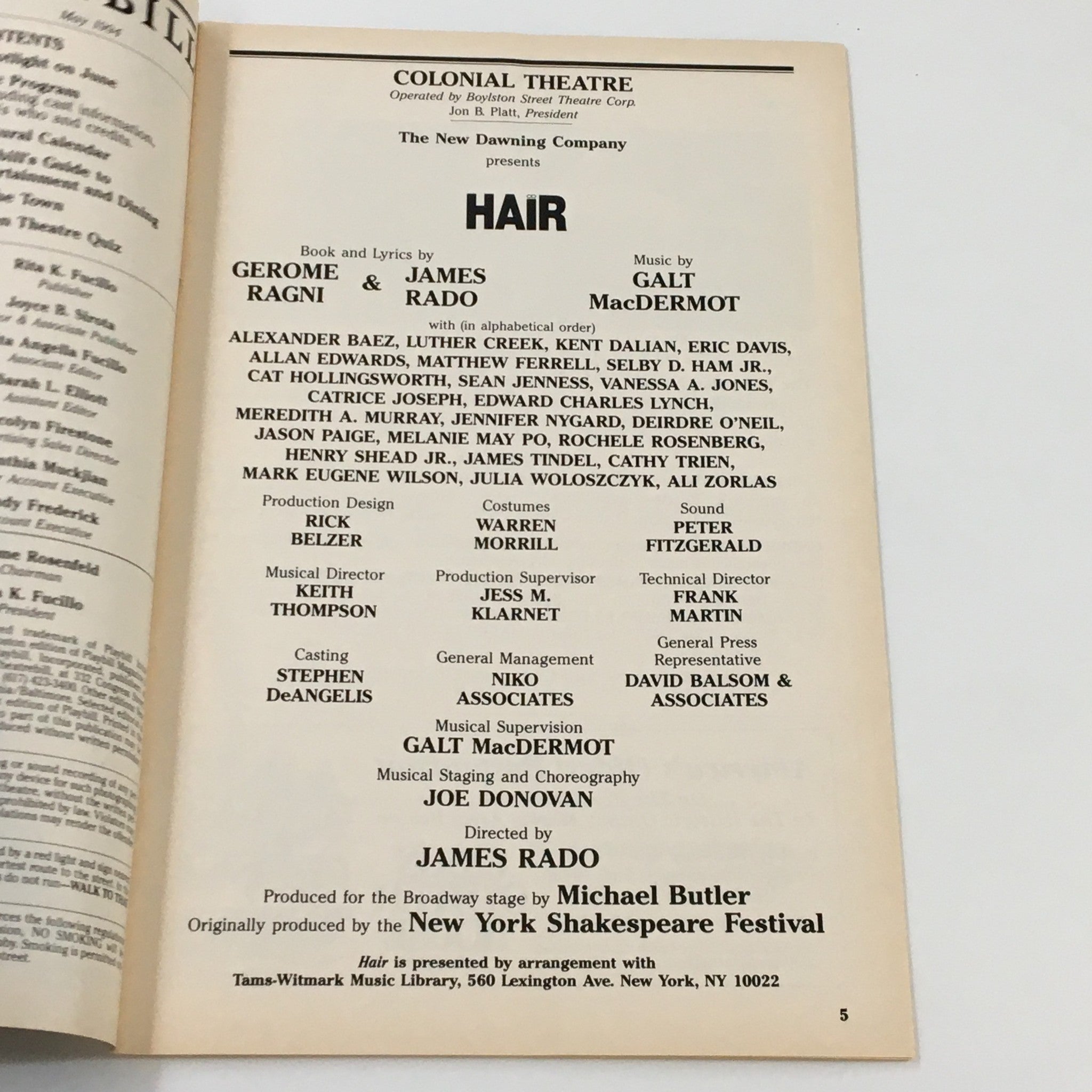 1994 Playbill Colonial Theatre Alexander Baez Luther Creek in Hair by James Rado