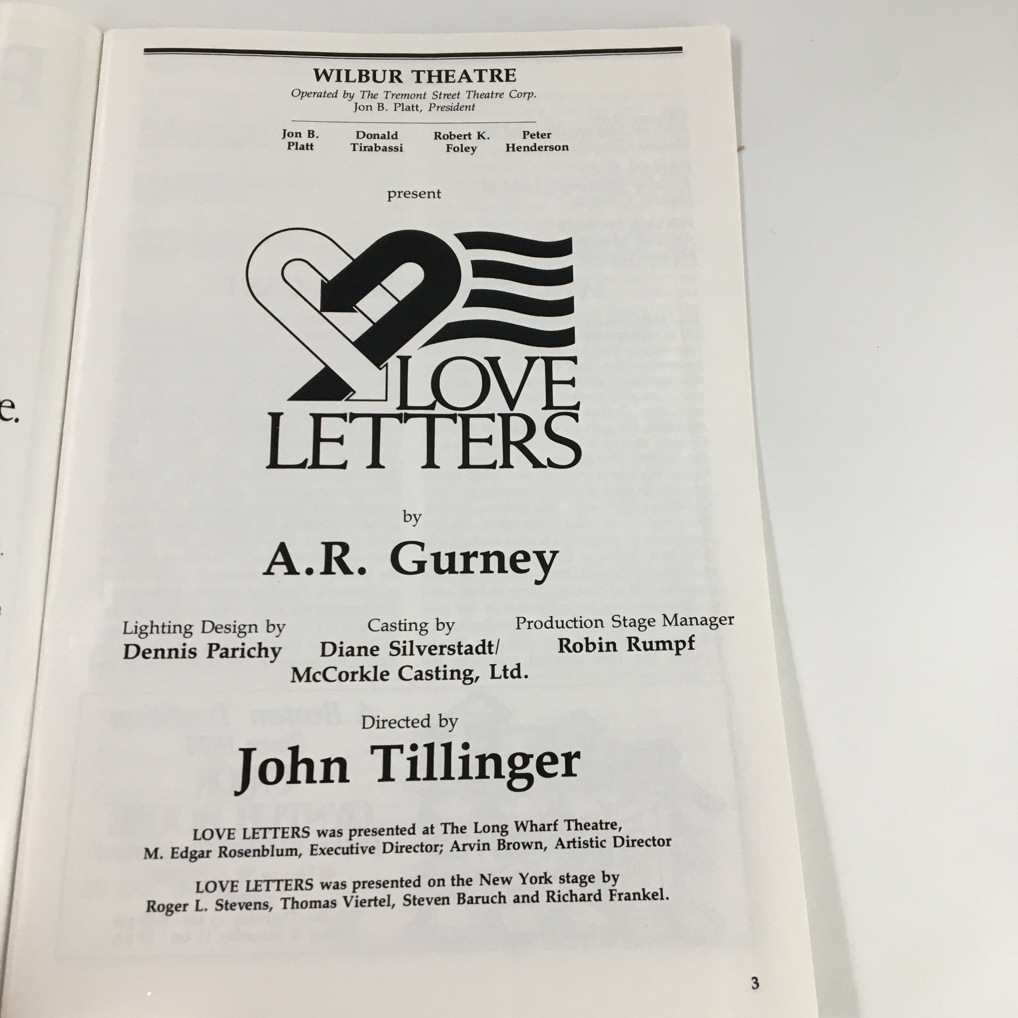 1992 Playbill Wilbur Theatre Jon B. Platt in Love Letters by A.R. Gurney