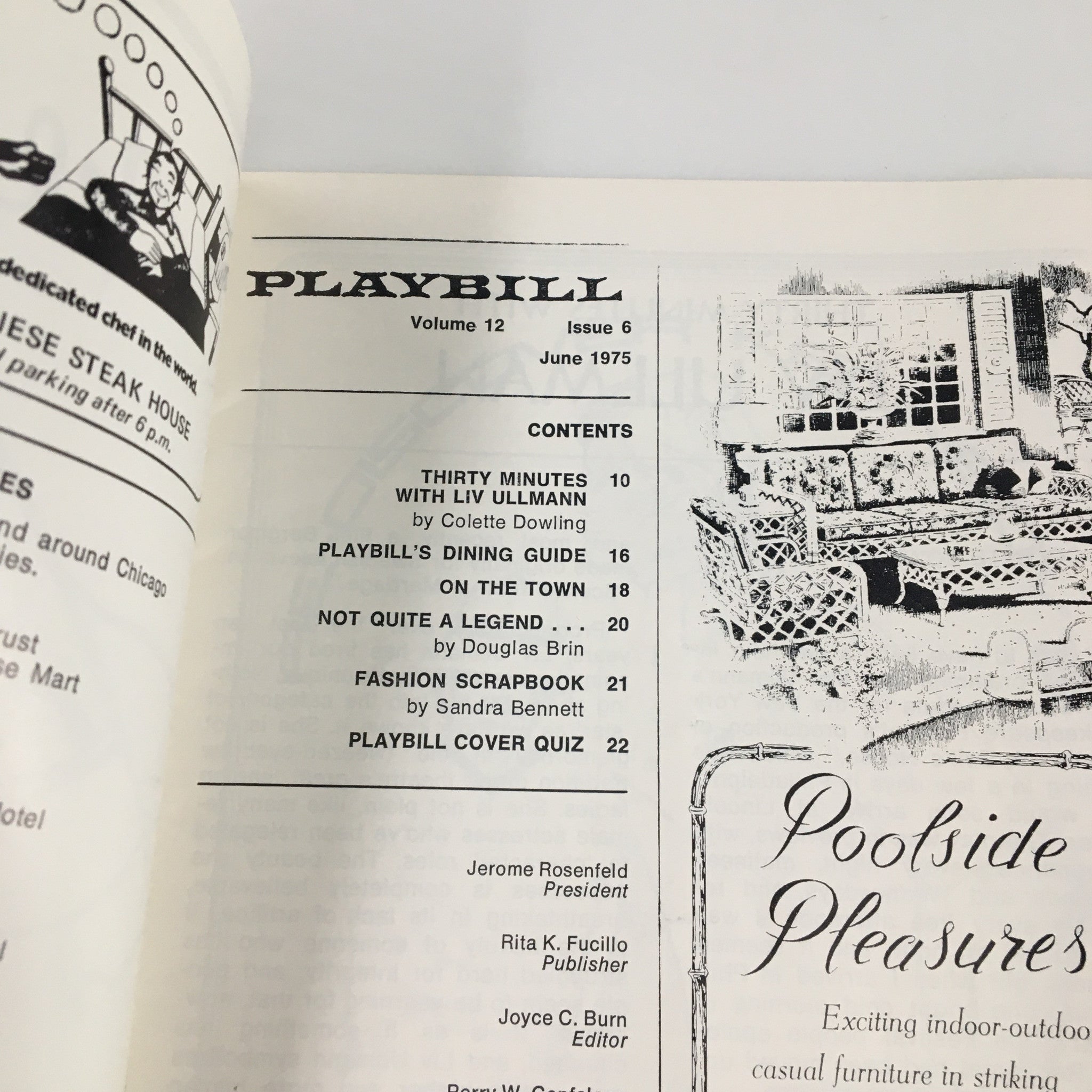 1975 Playbill featuring Al Pacino in Arturo Ui at Charles Playhouse, showcasing contents including an interview with Liv Ullmann and articles on dining and fashion.