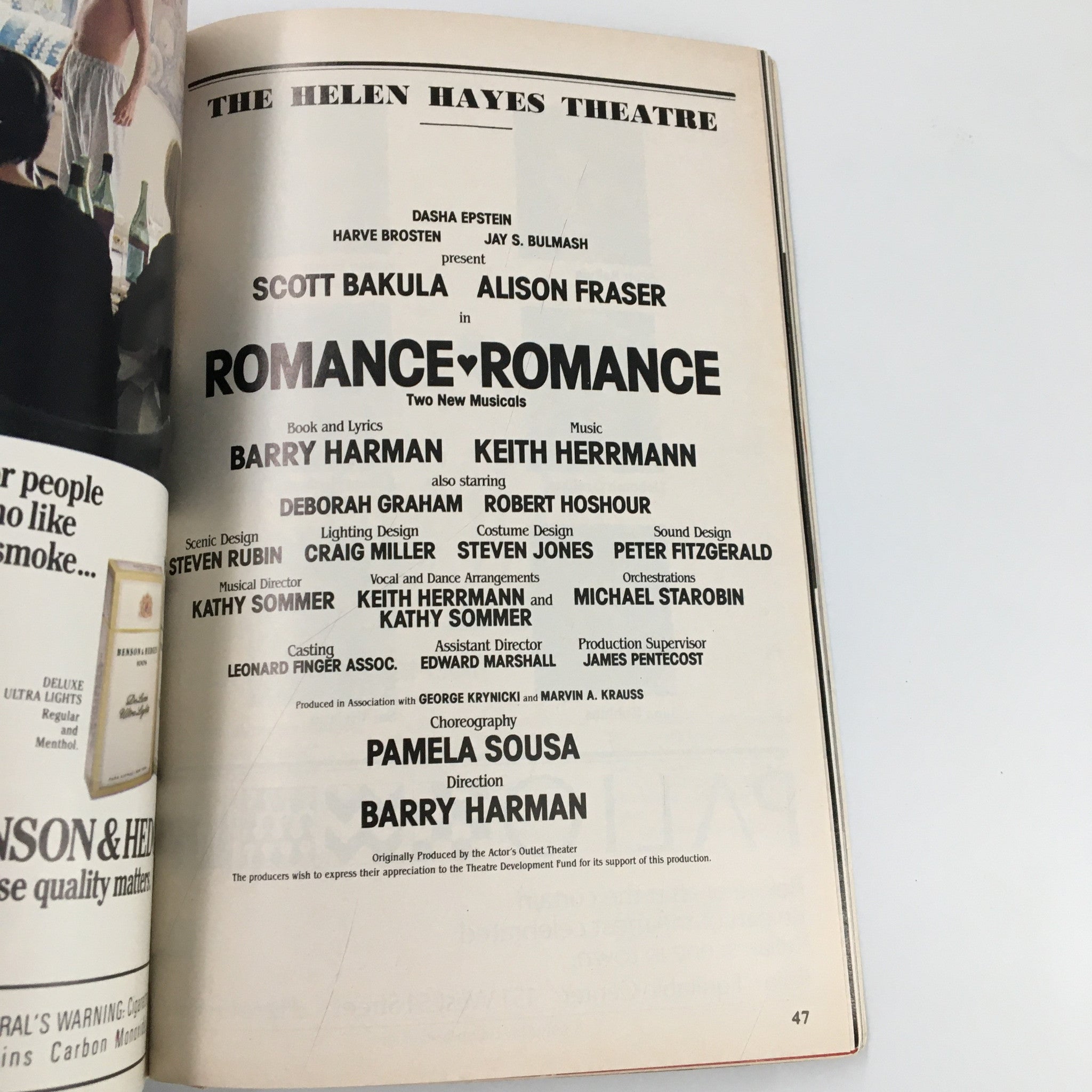 1988 Playbill The Helen Hayes Theatre Scott Bakula in Romance Romance