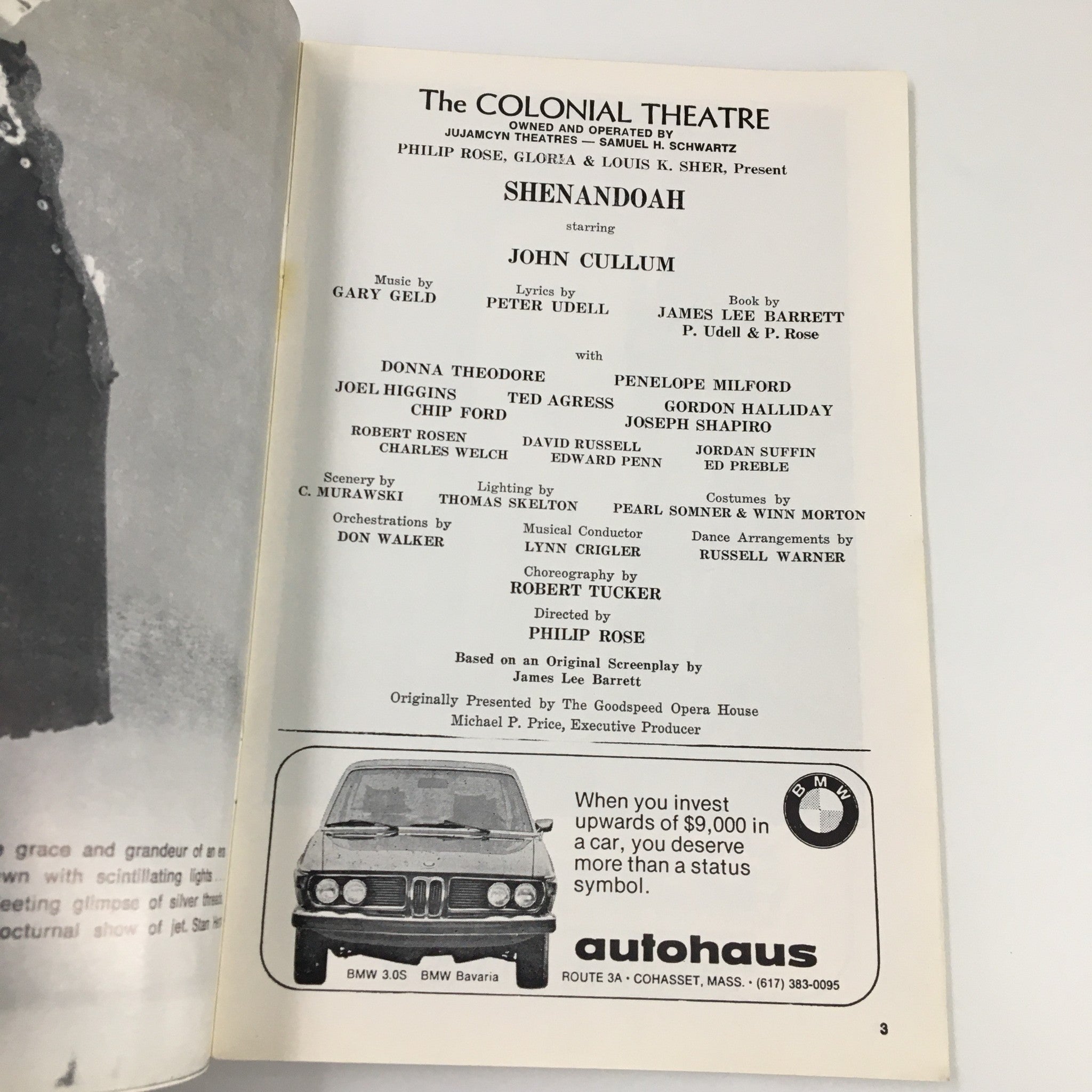 1974 Playbill The Colonial Theatre John Cullum in Shenandoah by Philp Rose