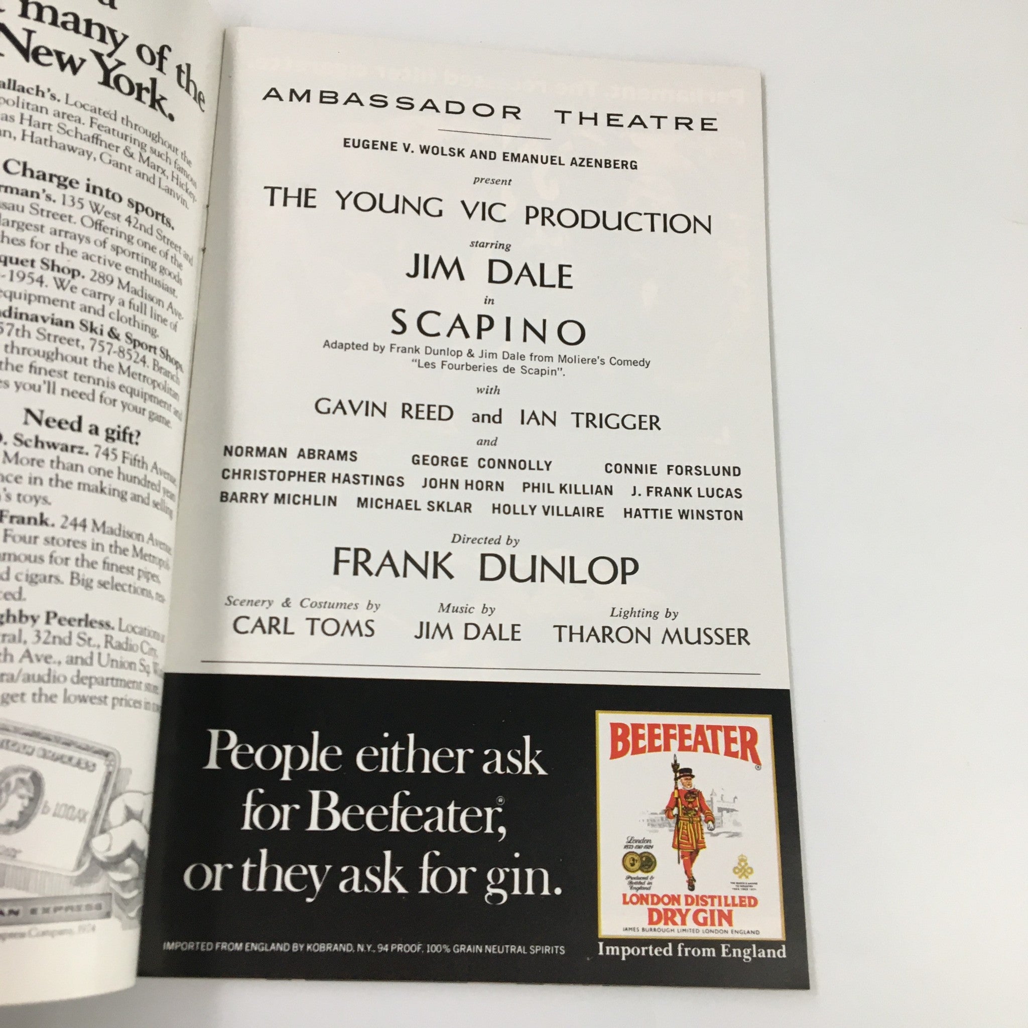 1974 Playbill Ambassador Theatre Jim Dale in Scapino by Frank Dunlop