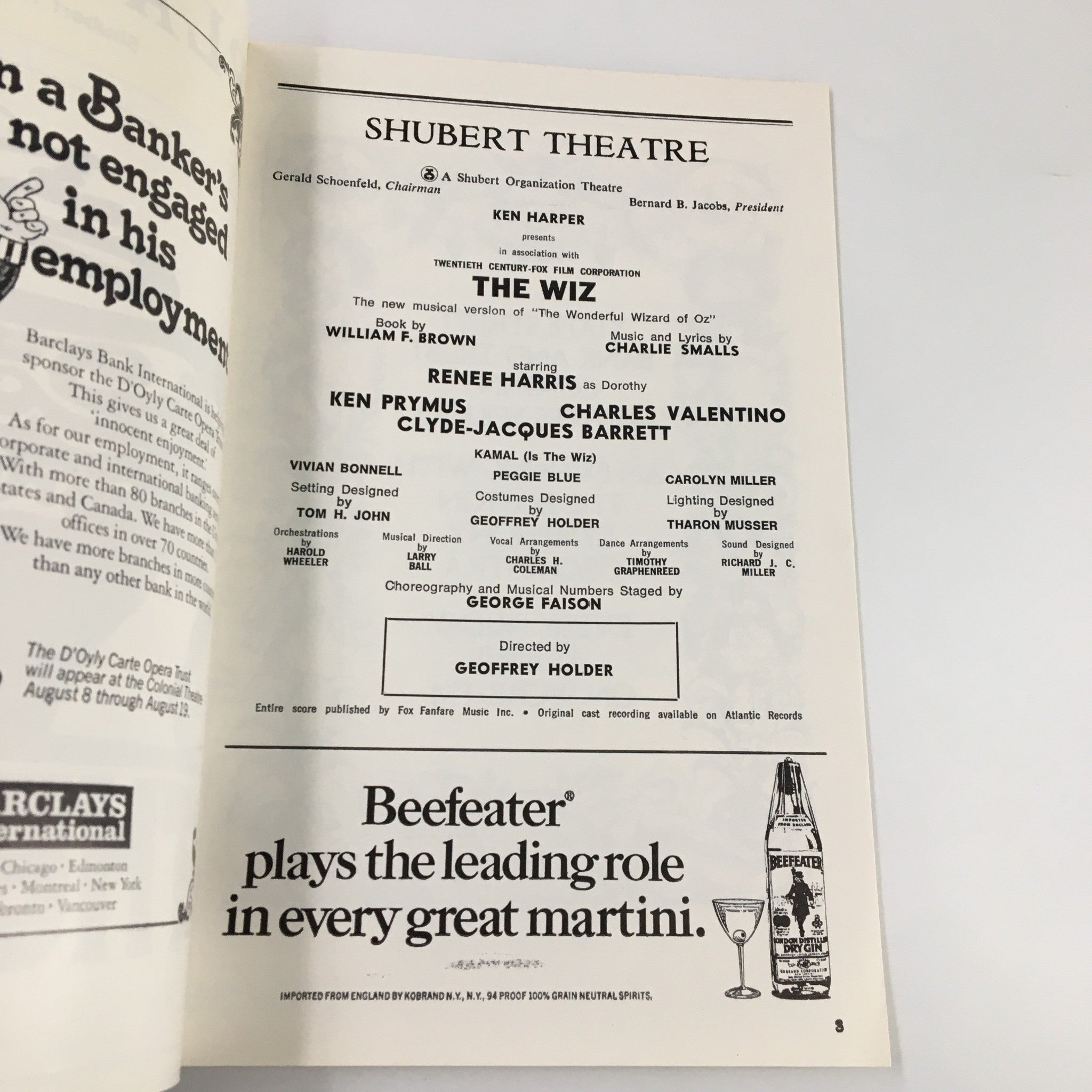 Interior page of the 1978 Playbill for The Wiz at Shubert Theatre, highlighting cast details and credits, including Renee Harris's performance.